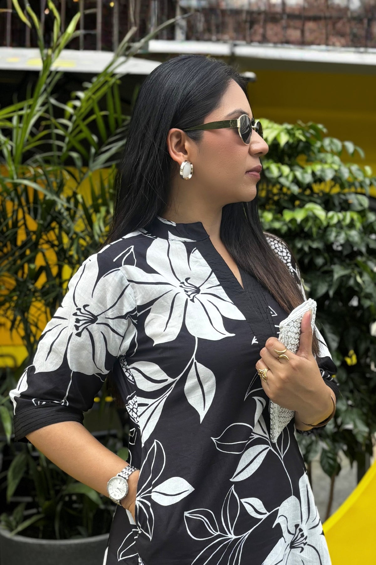 Black Flora Printed Cotton Kurta with Pants