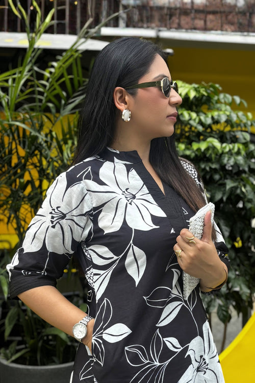 Black Flora Printed Cotton Kurta with Pants