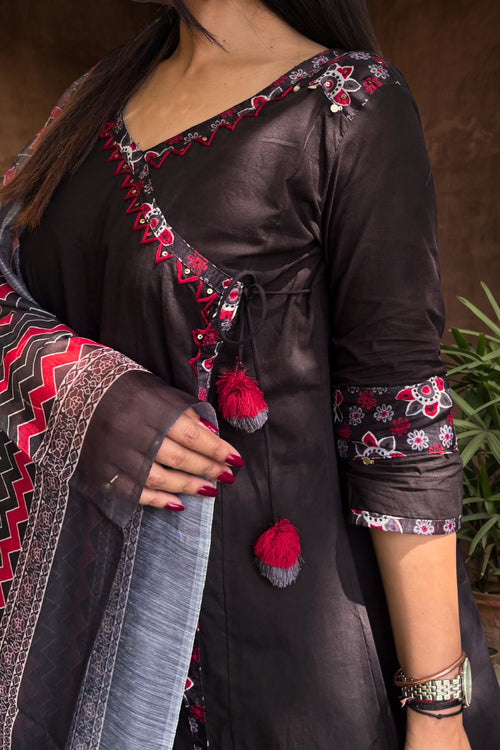 Black Zohra Cotton Slub Anarkali Suit Set
