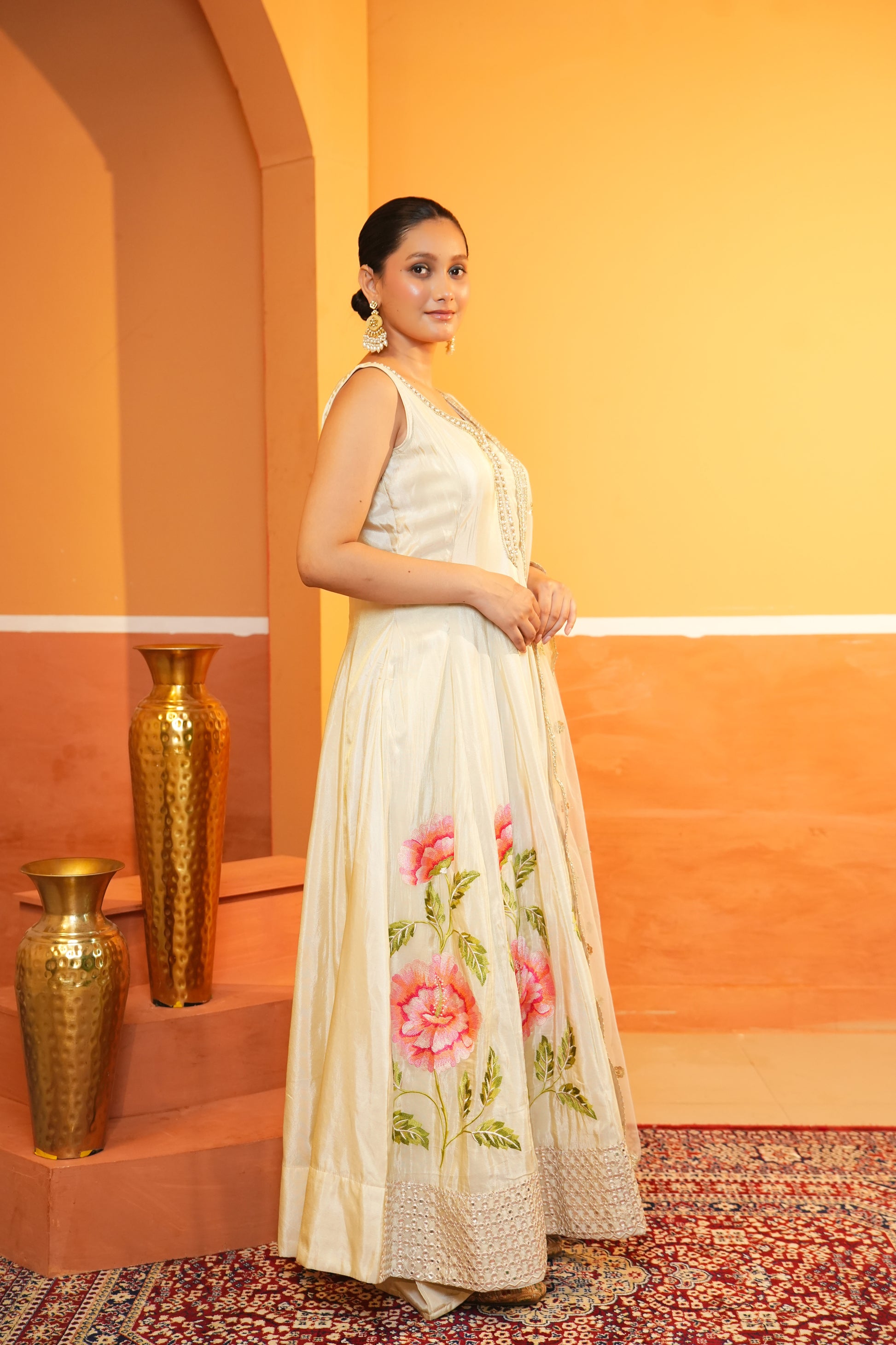 Golden Beige Silk Anarkali Set