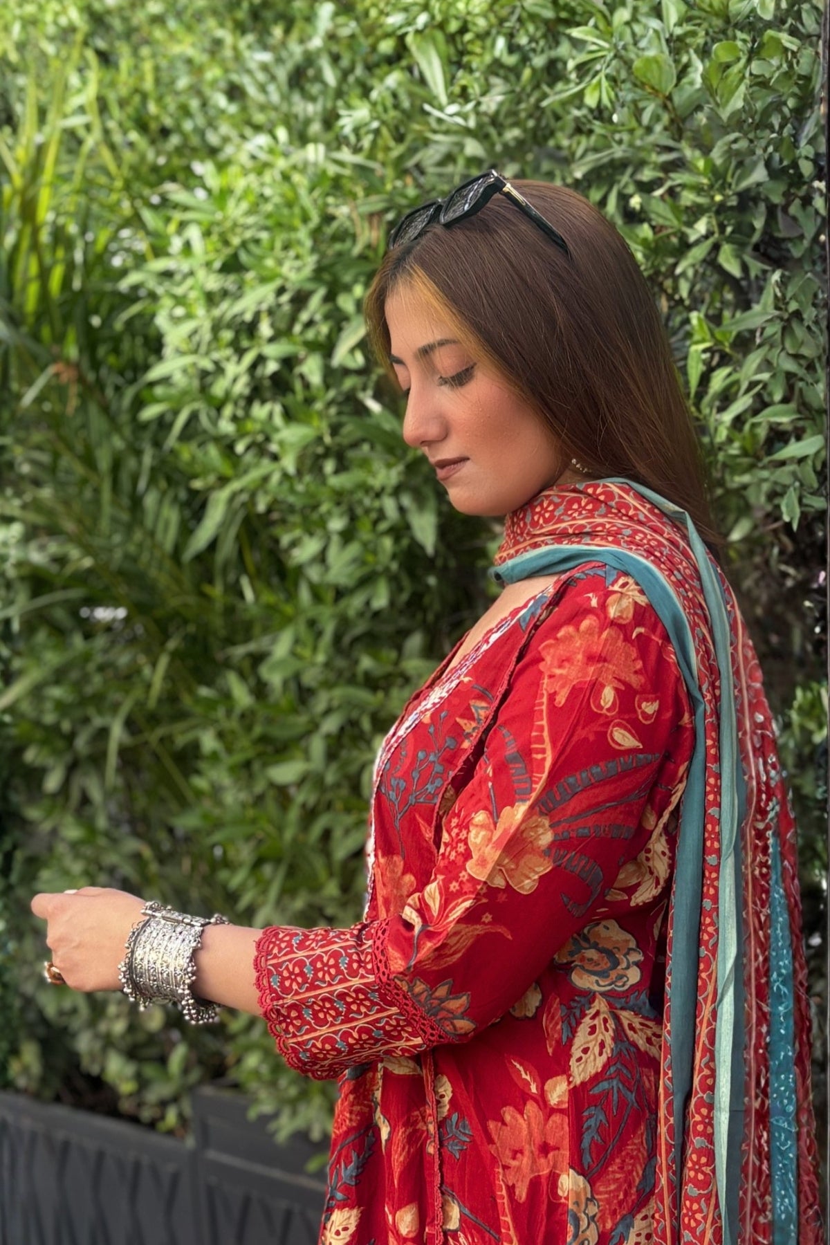 Gulnaar Rust Red Floral Printed Embroidered Suit Set