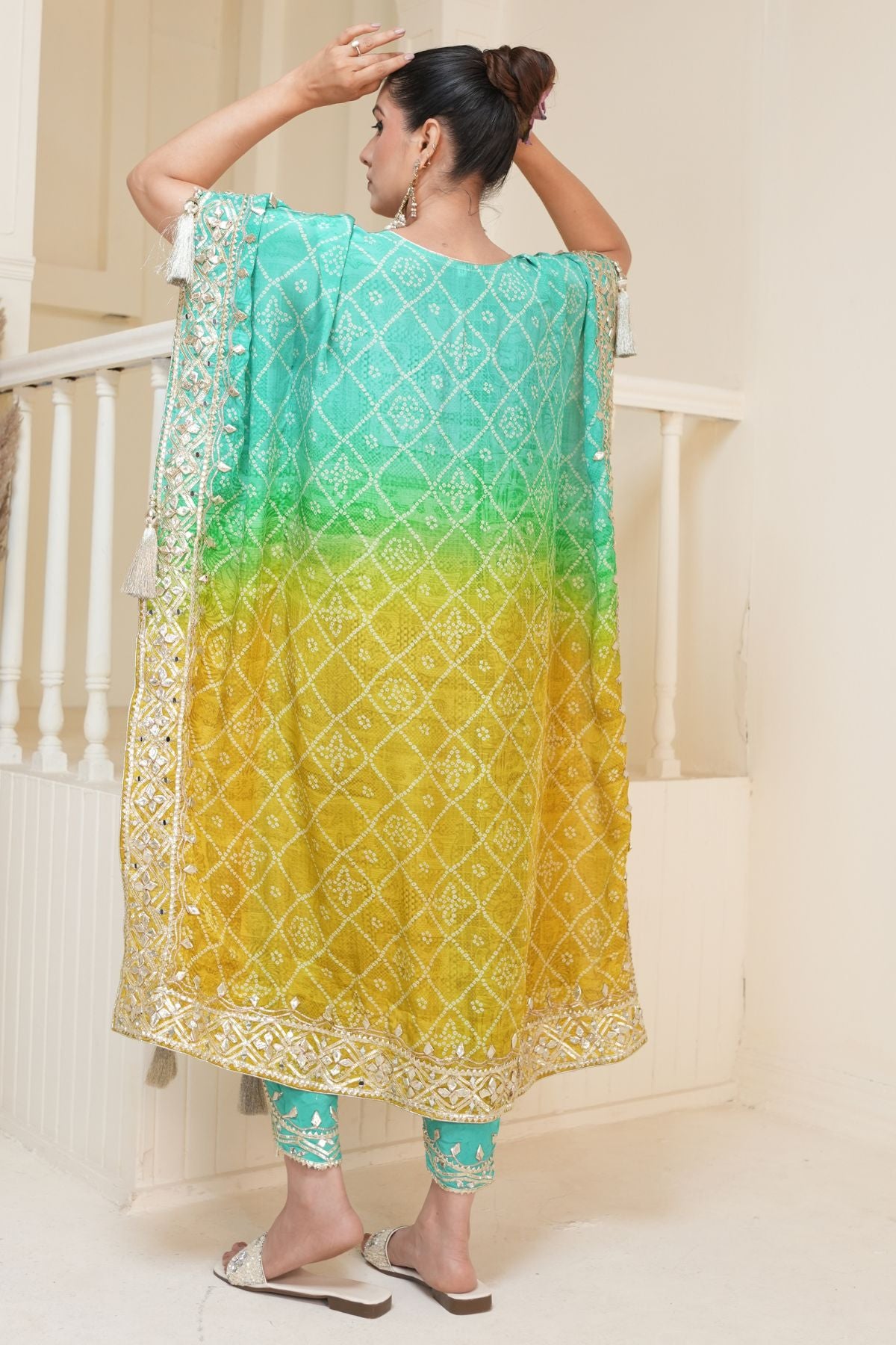 Mustard Yellow Bandhej Ombre Kaftan Set