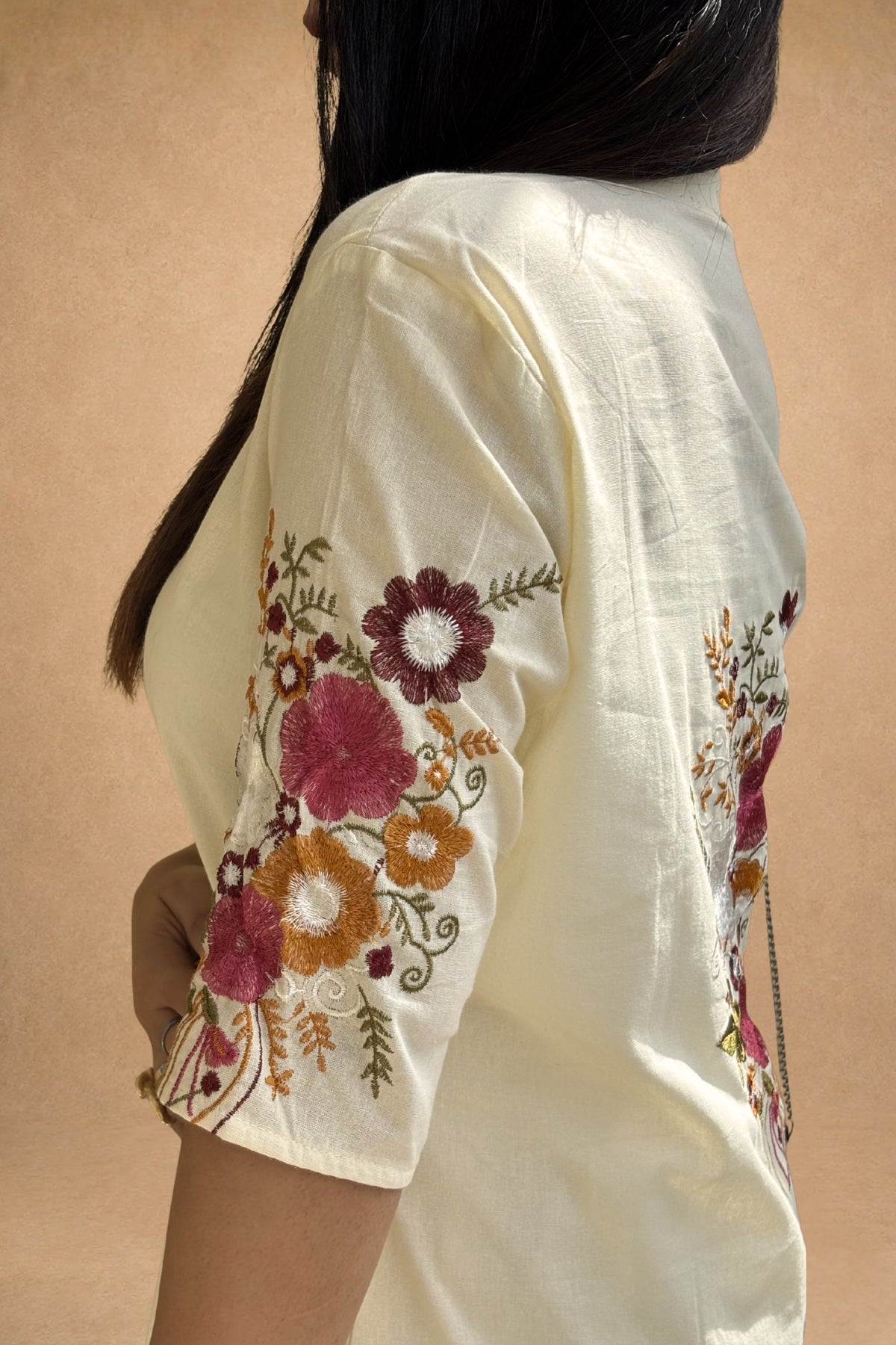 Off White Bloom Embroidered Cotton Kurta with Pants