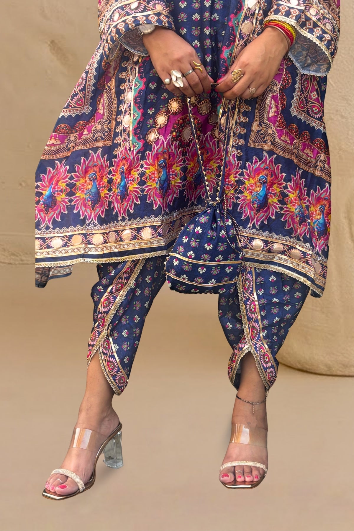 Navy Bloom Embellished Chinon Silk Kaftan Set