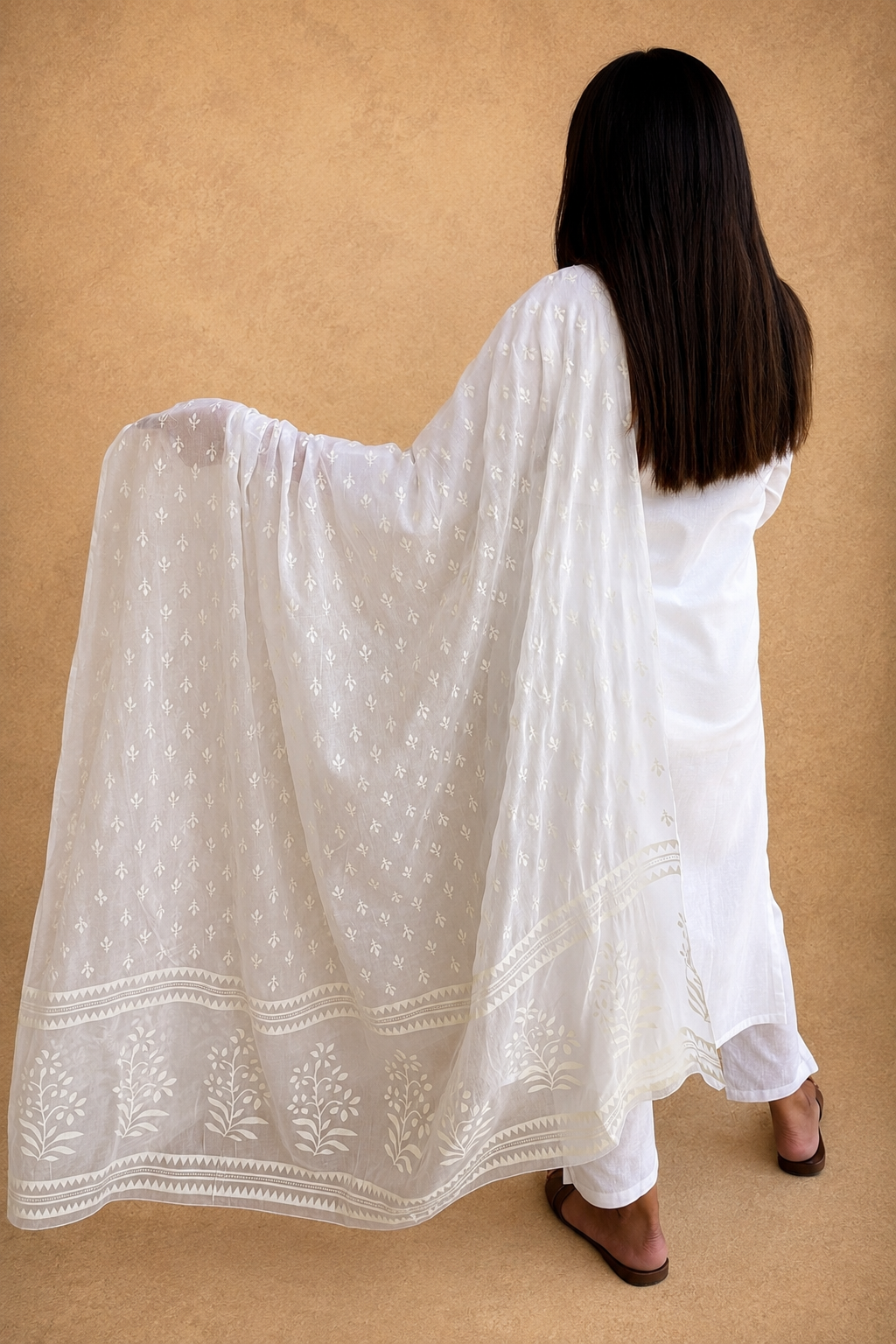 Snowy White Mul Cotton Kurta With Slip and Pants and Dupatta Suit Set