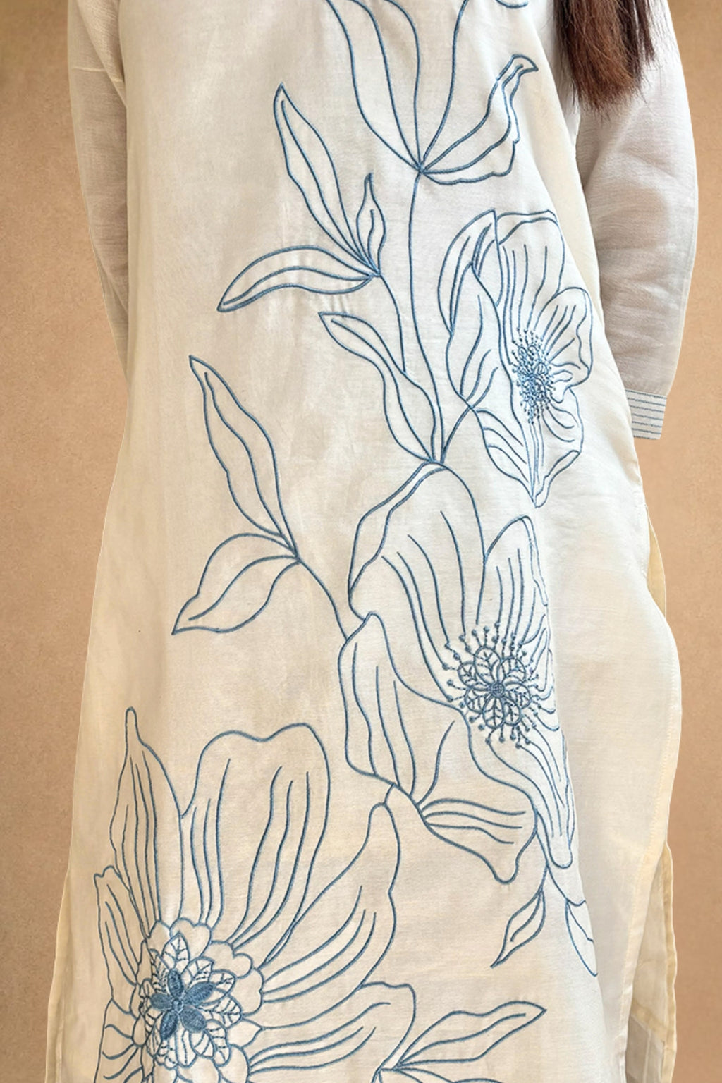 Off White Blue Embroidered Mul Cotton Suit Set