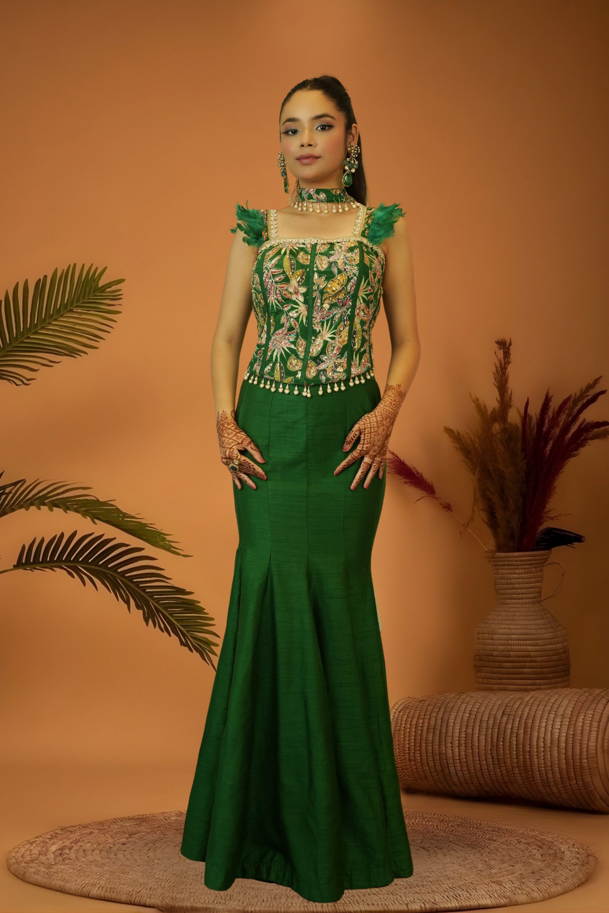 Emerald green mermaid skirt crop top set