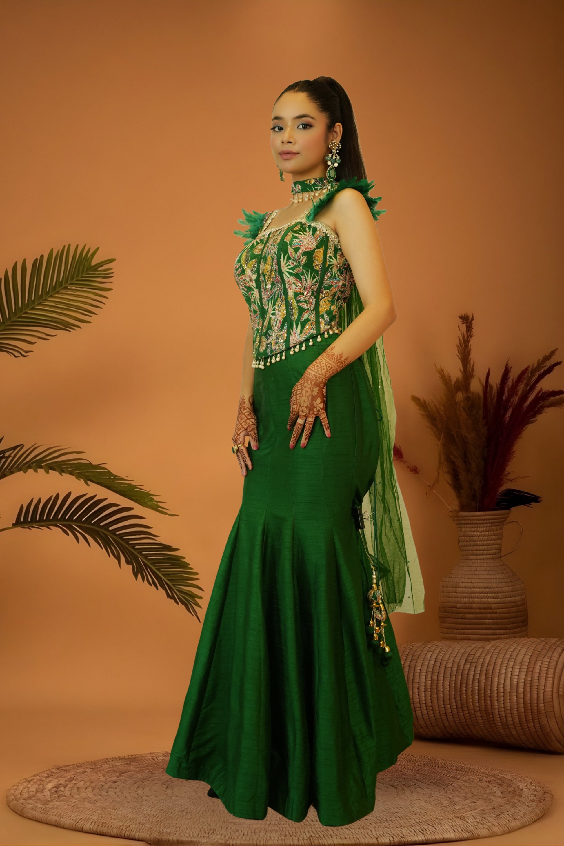 Emerald green mermaid skirt crop top set
