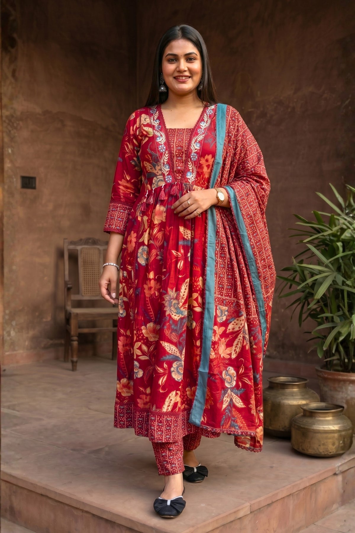 Gulnaar Rust Red Floral Printed Embroidered Suit Set