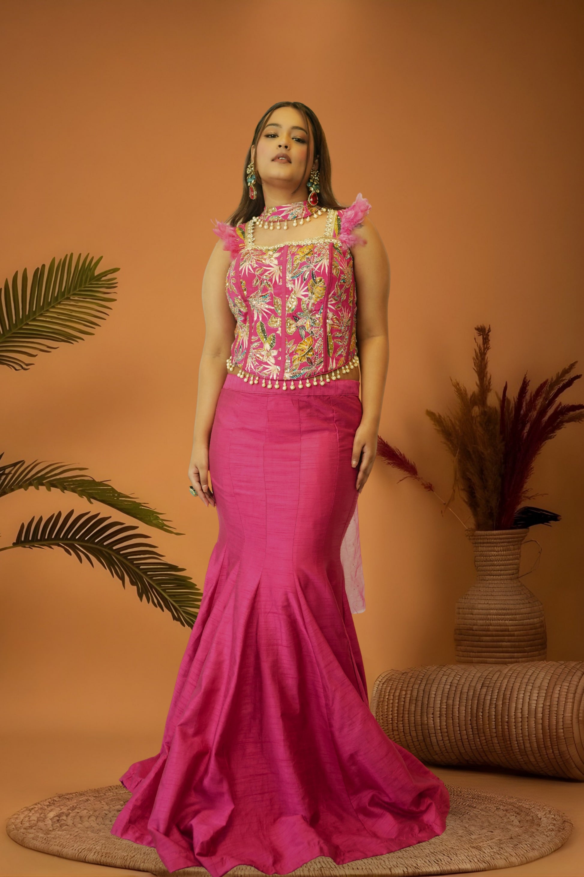 Fushcia Pink mermaid skirt crop top  set