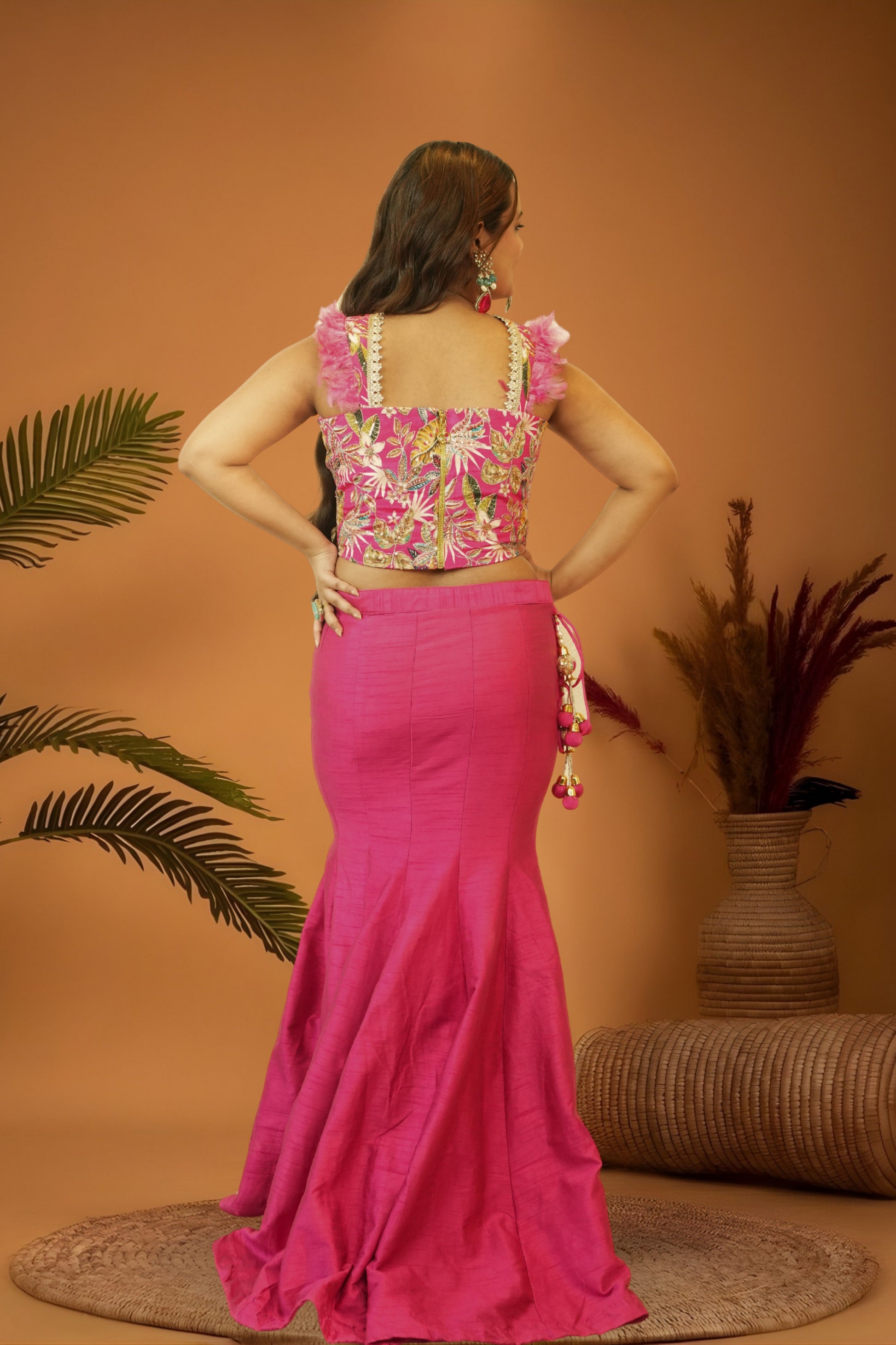 Fushcia Pink mermaid skirt crop top  set