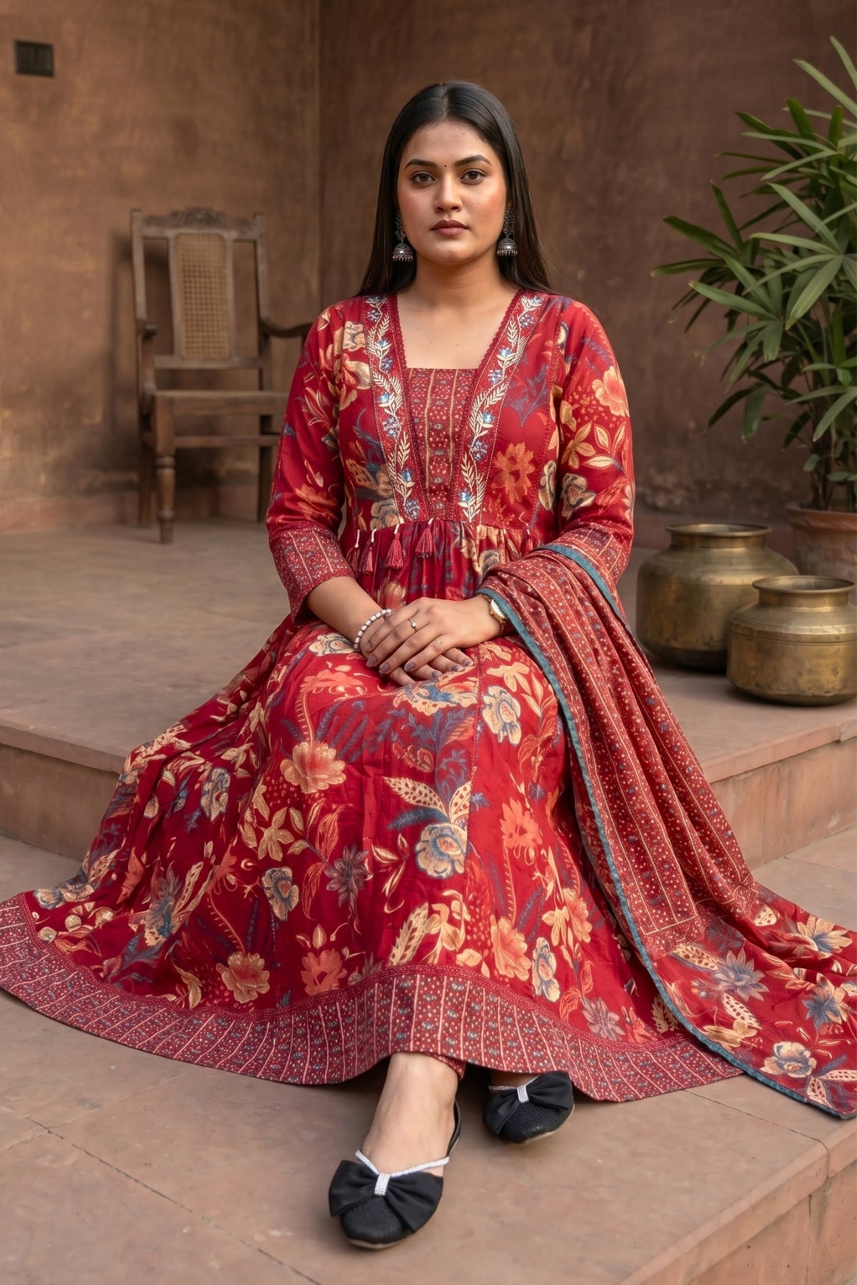 Gulnaar Rust Red Floral Printed Embroidered Suit Set
