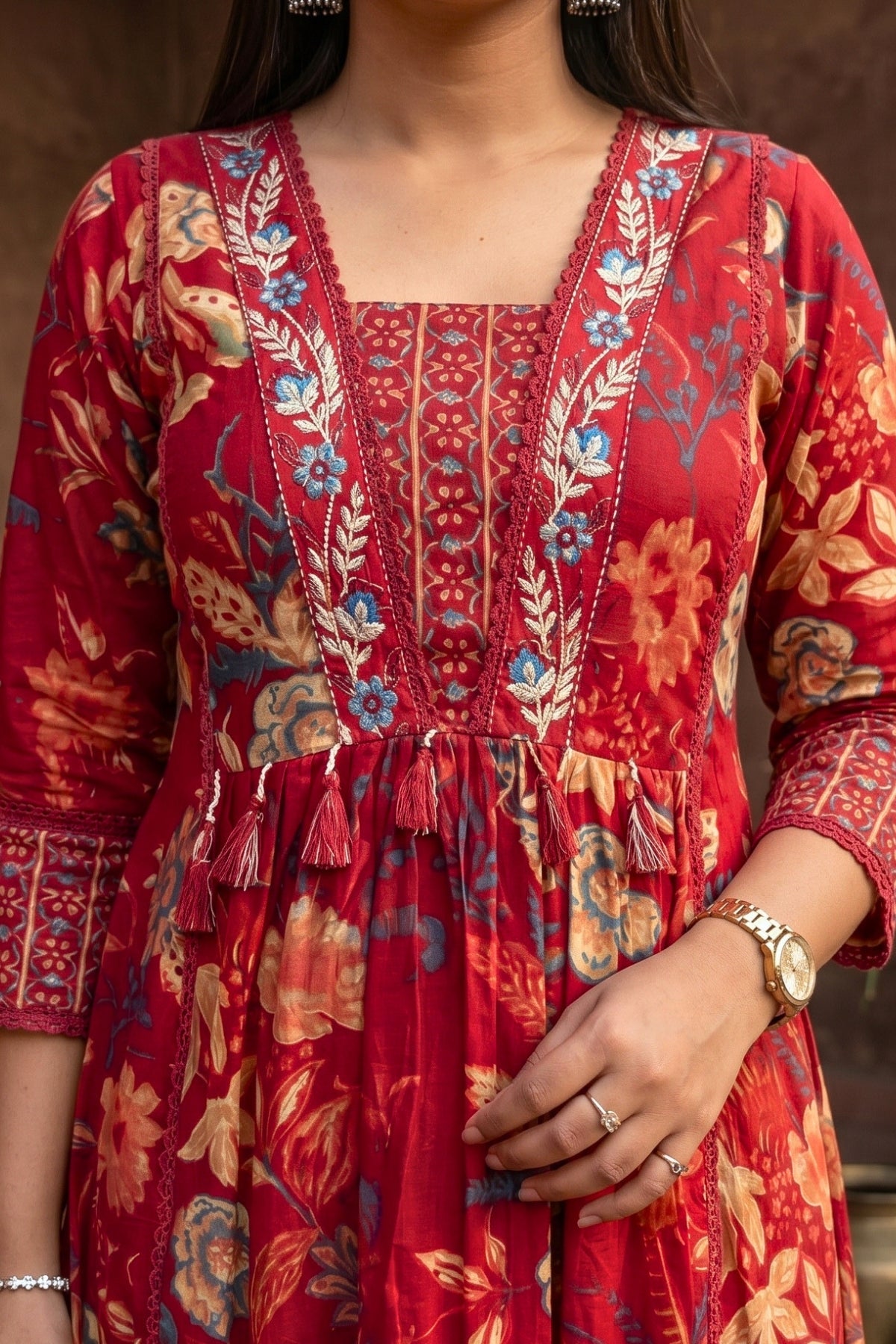 Gulnaar Rust Red Floral Printed Embroidered Suit Set