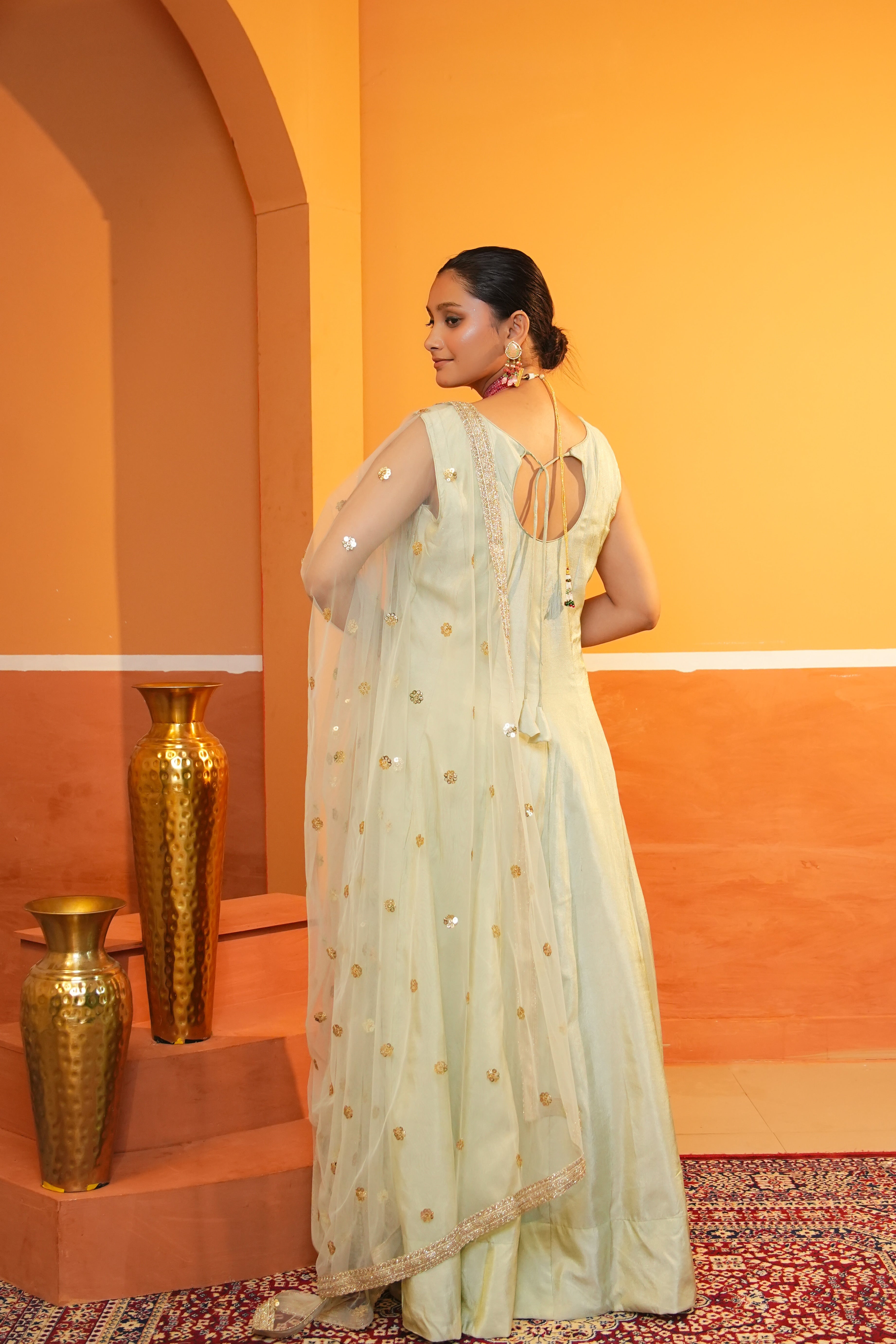 Pastel Light Green Silk Anarkali Set