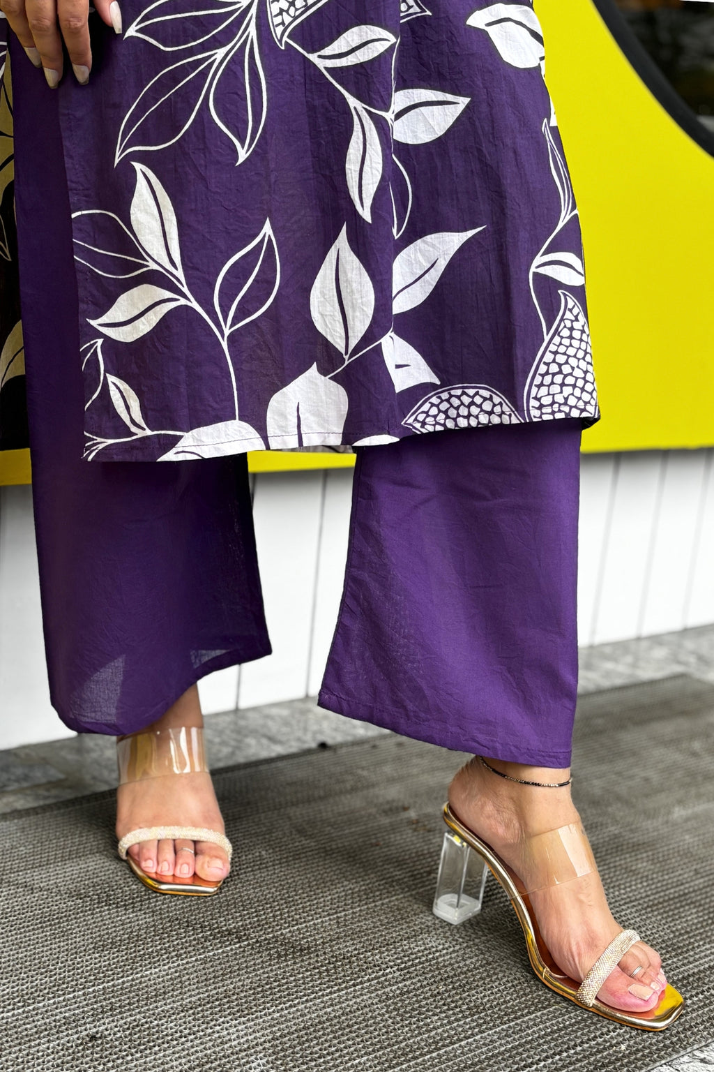 Purple Flora Printed Cotton Kurta with Pants