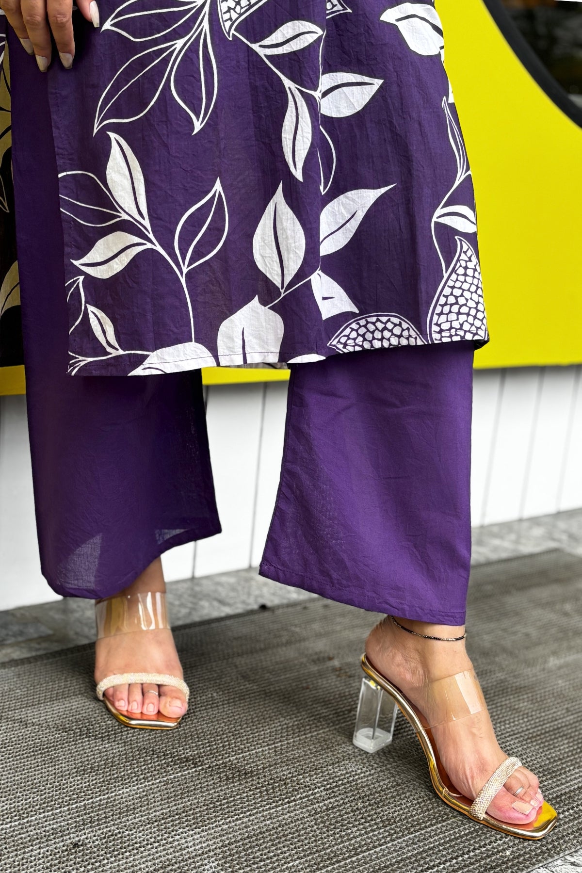 Purple Flora Printed Cotton Kurta with Pants
