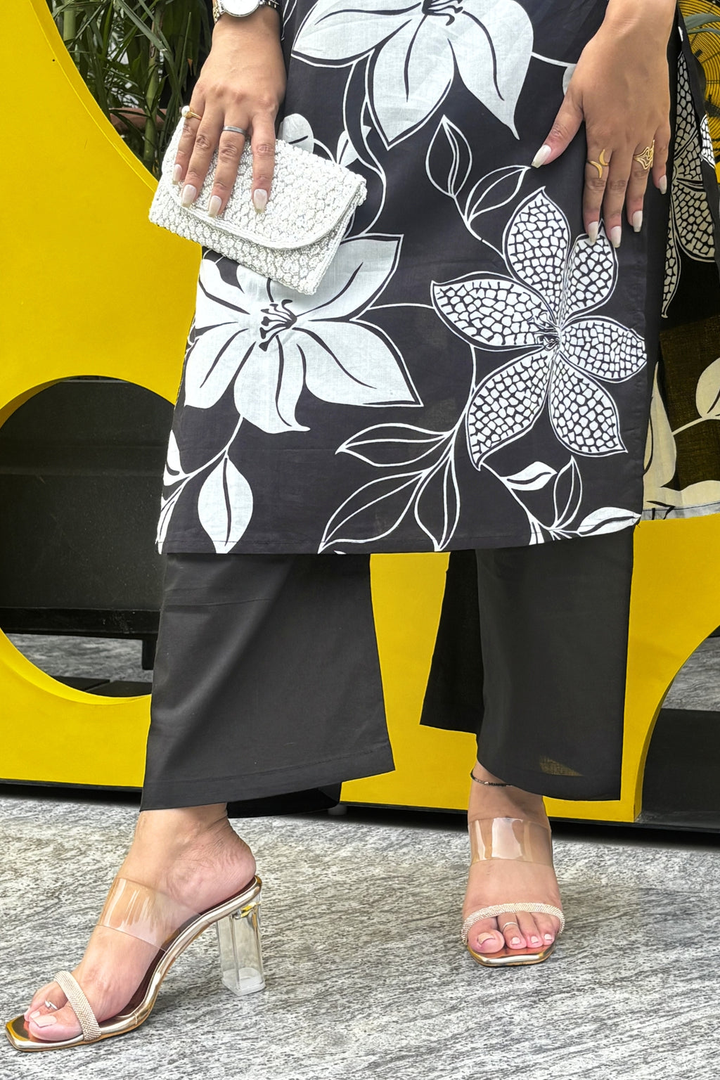 Black Flora Printed Cotton Kurta with Pants