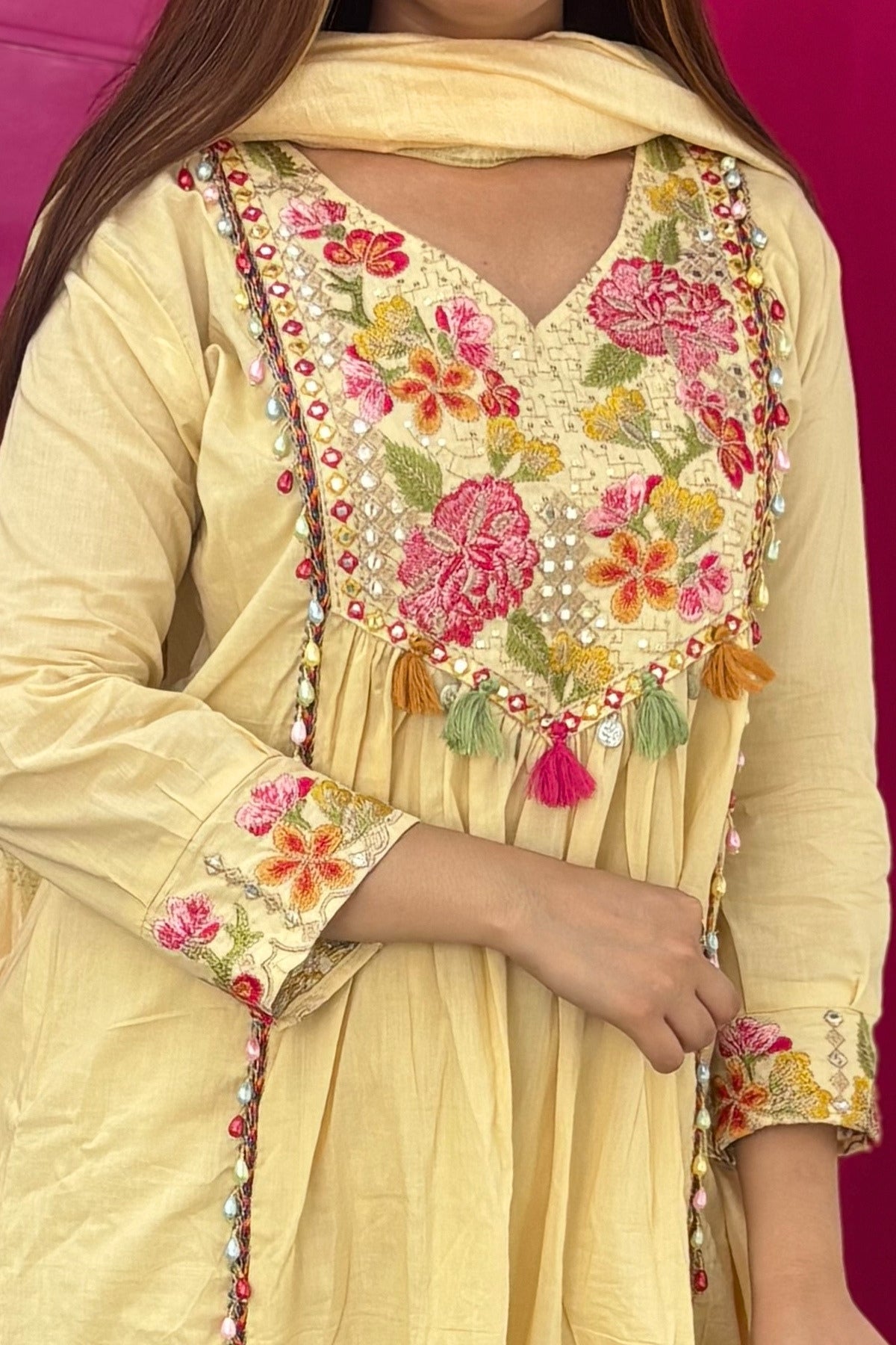 Cream Floral Embroidered Cotton Anarkali Suit Set