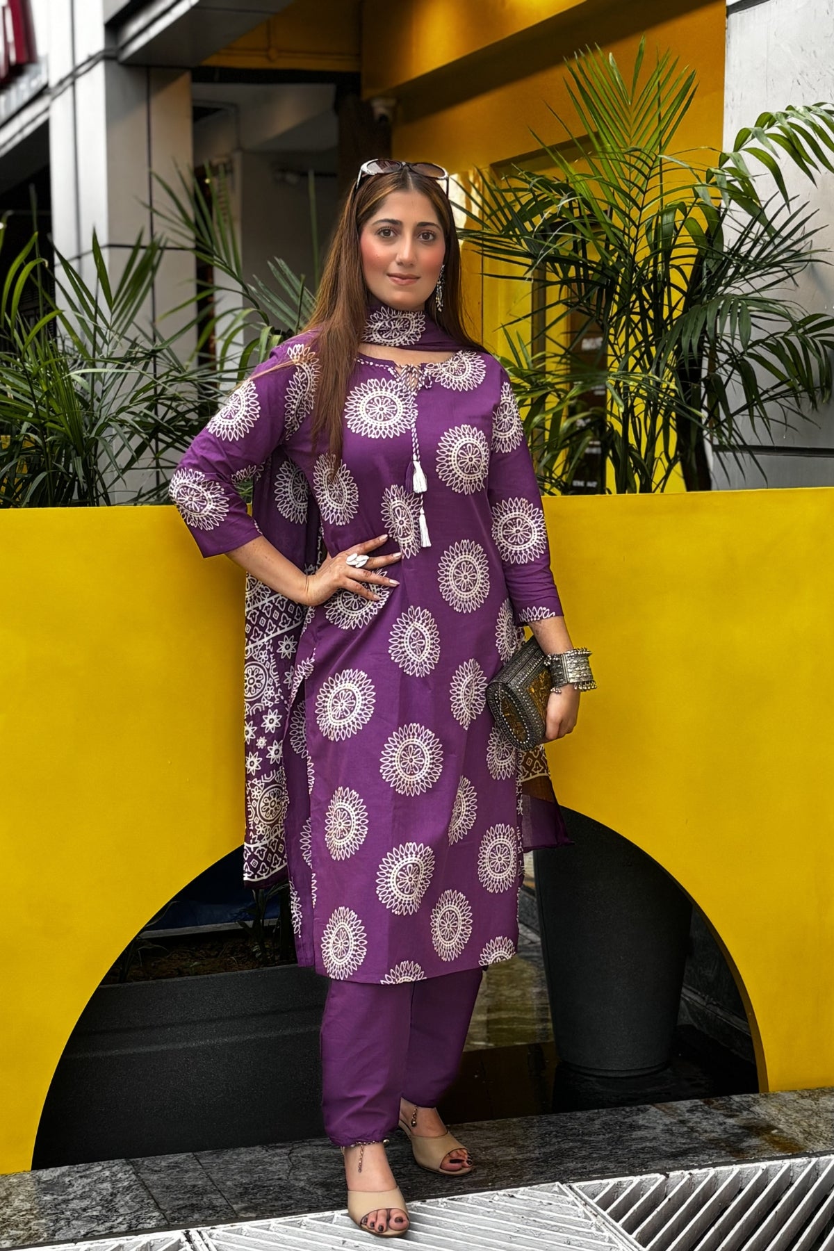 Purple Hand Block Printed Cotton Suit Set