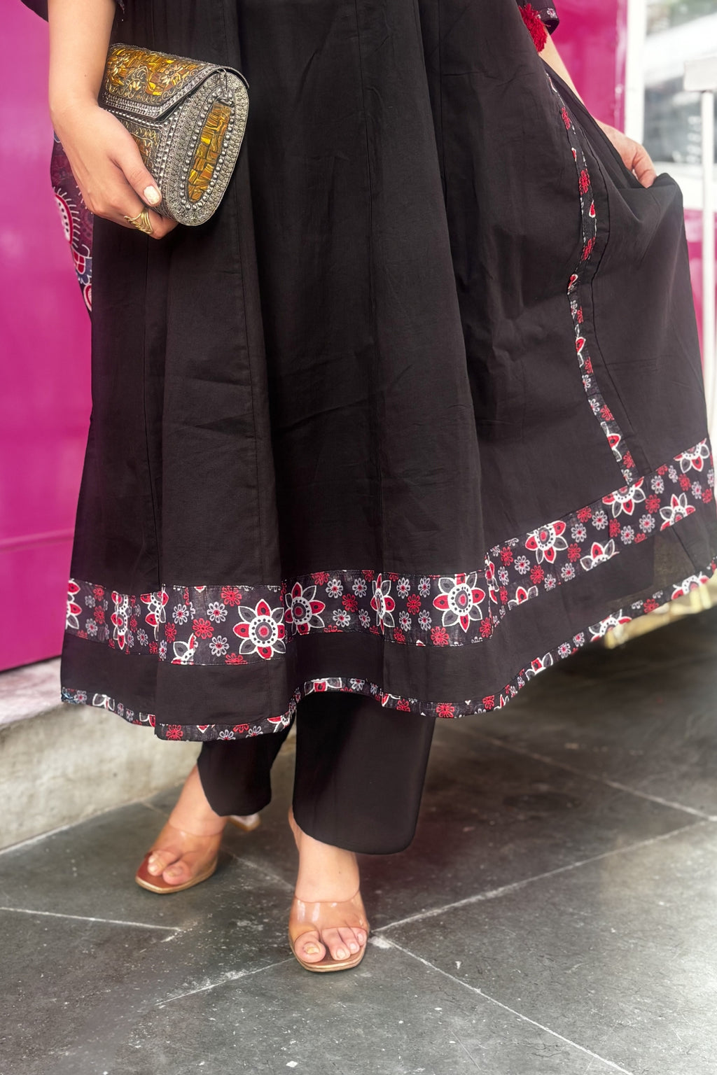 Black Zohra Cotton Slub Anarkali Suit Set