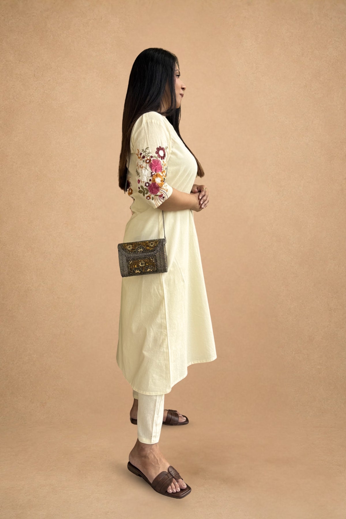 Off White Bloom Embroidered Cotton Kurta with Pants