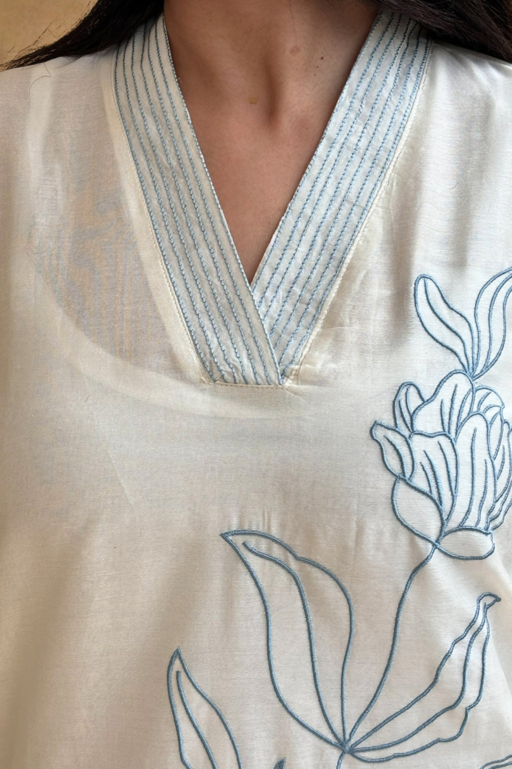 Off White Blue Embroidered Mul Cotton Suit Set