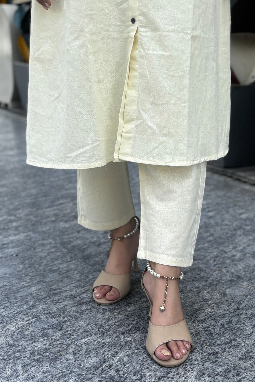 Off White Bloom Embroidered Cotton Kurta with Pants