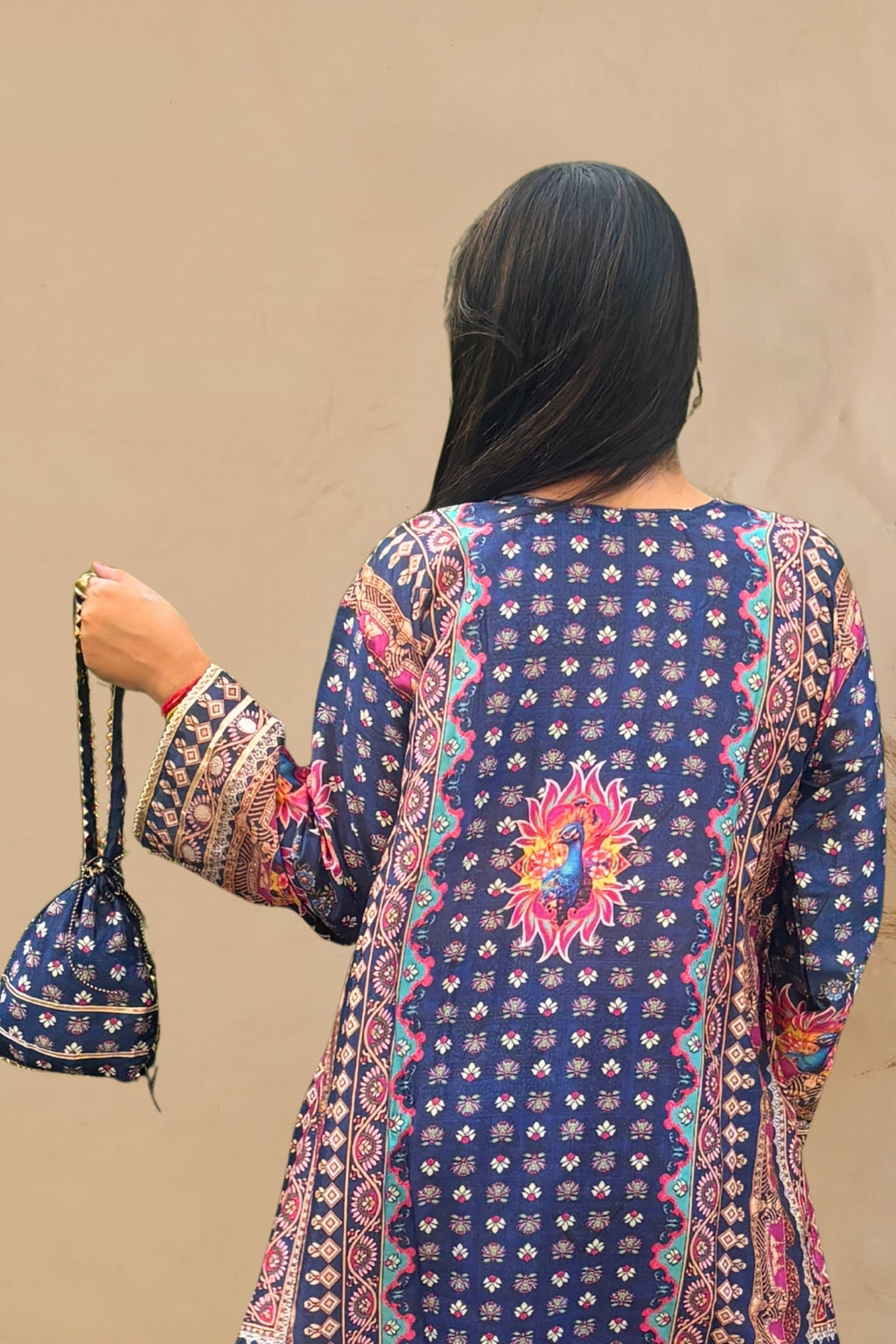 Navy Bloom Embellished Chinon Silk Kaftan Set
