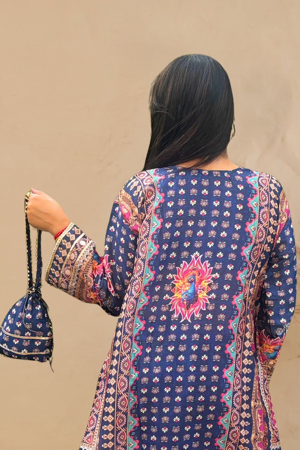 Navy Bloom Embellished Chinon Silk Kaftan Set