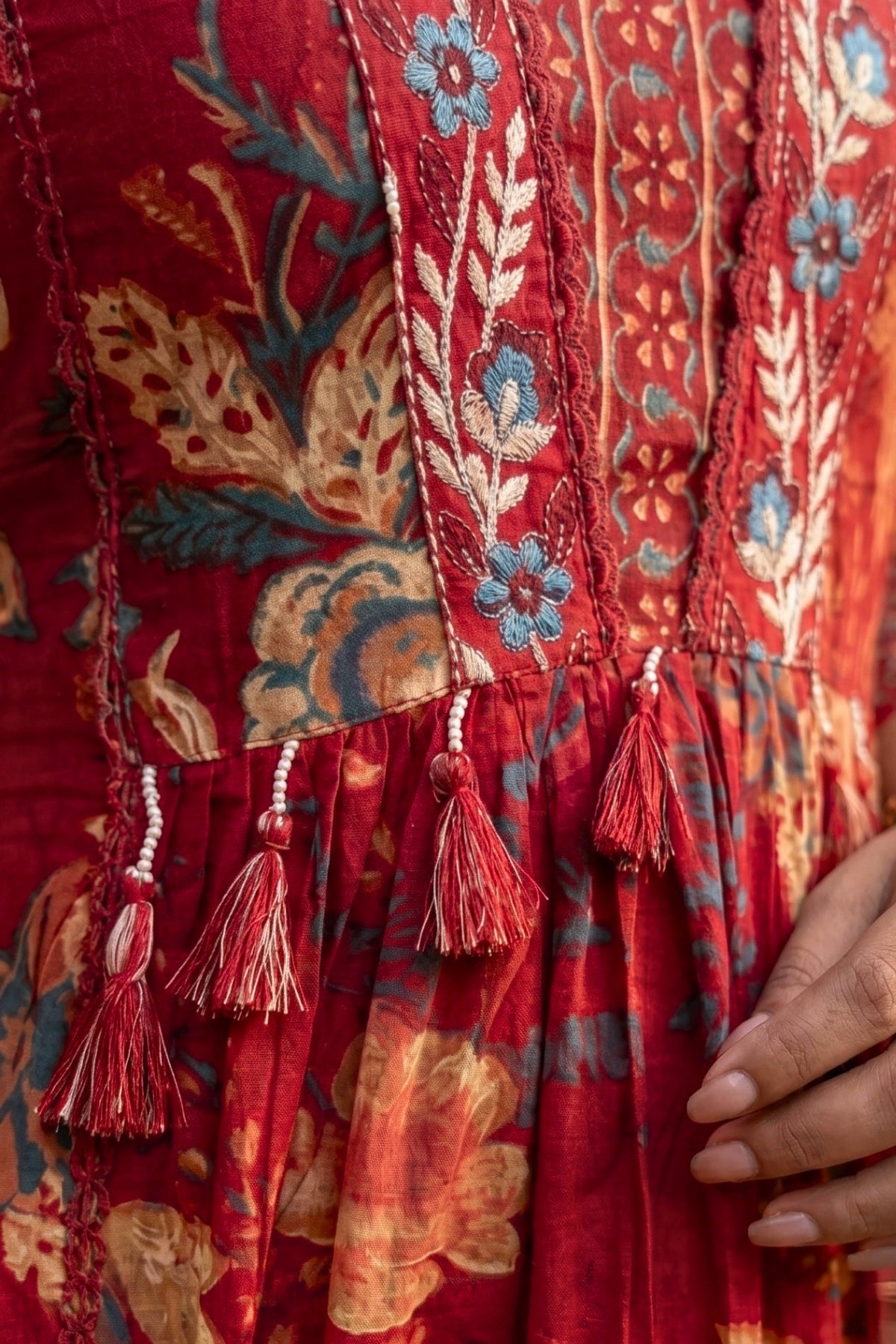 Gulnaar Rust Red Floral Printed Embroidered Suit Set