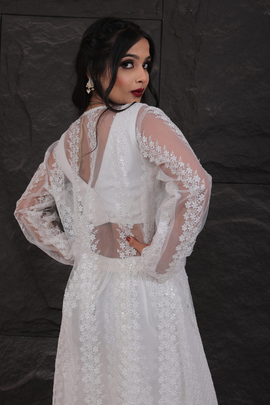 Snow Elegance Net Embroidered Palazzo Ensemble