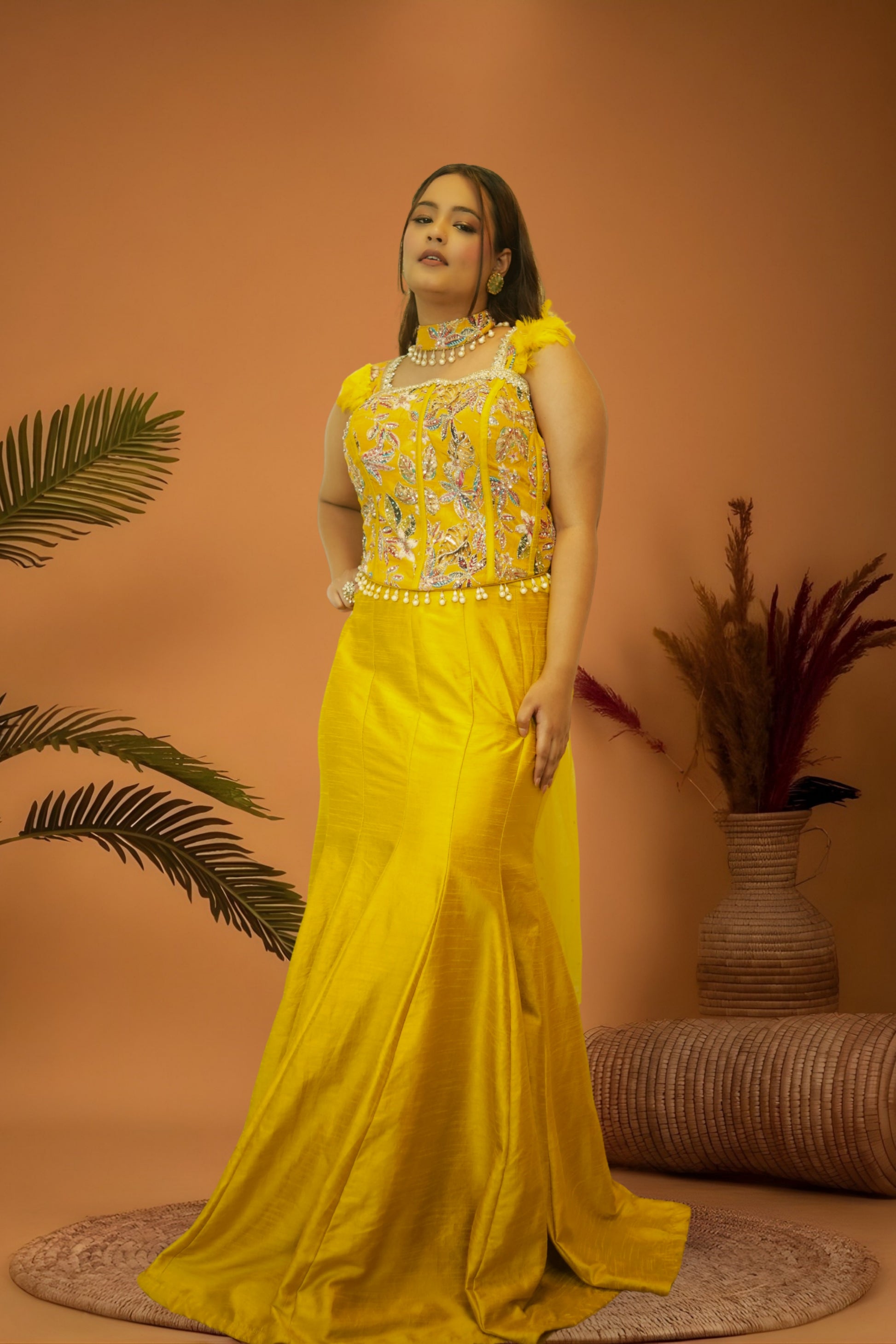 Regal Yellow mermaid skirt crop top set