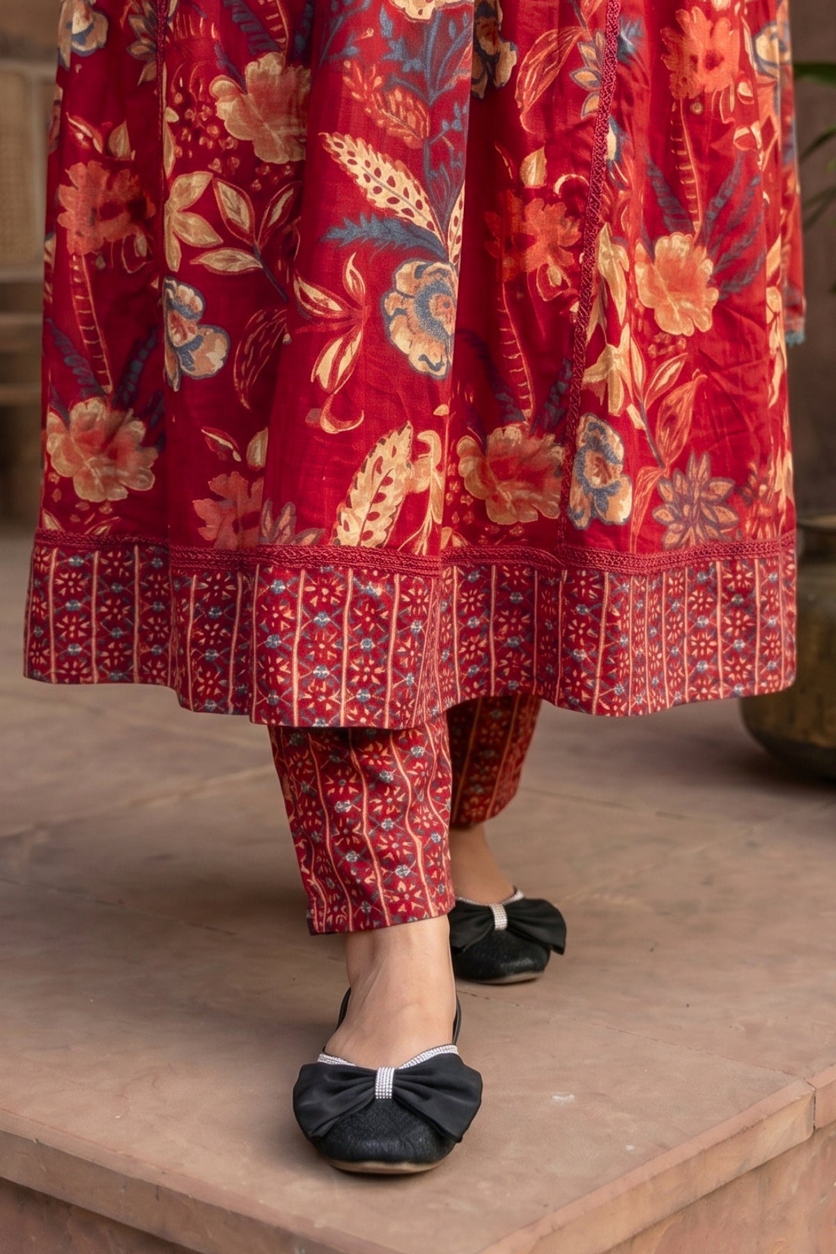 Gulnaar Rust Red Floral Printed Embroidered Suit Set