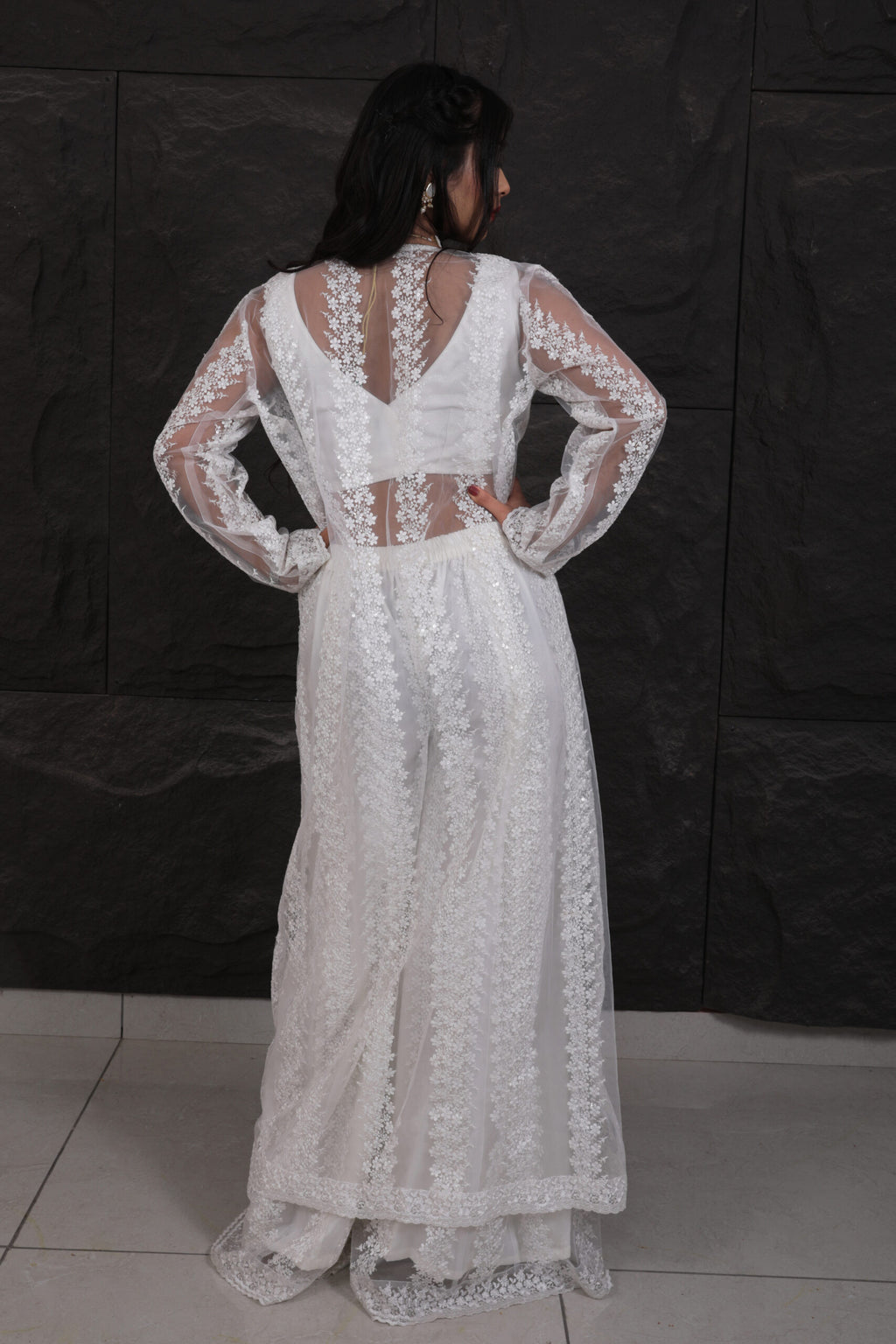 Snow Elegance Net Embroidered Palazzo Ensemble