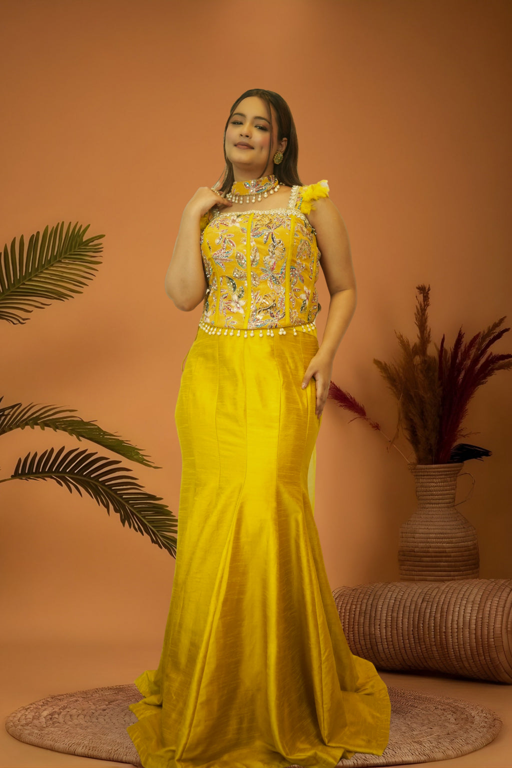 Regal Yellow mermaid skirt crop top set