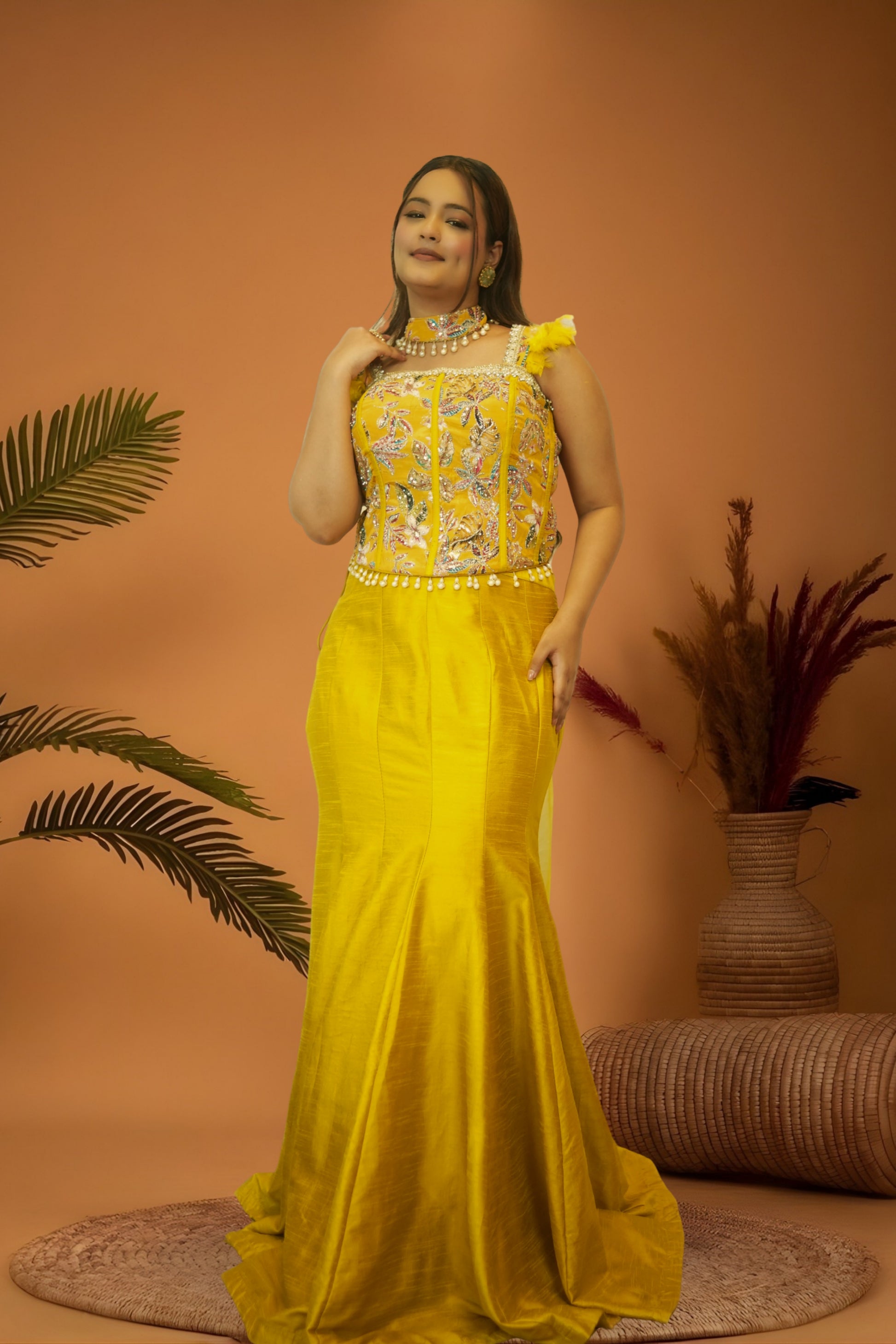Regal Yellow mermaid skirt crop top set