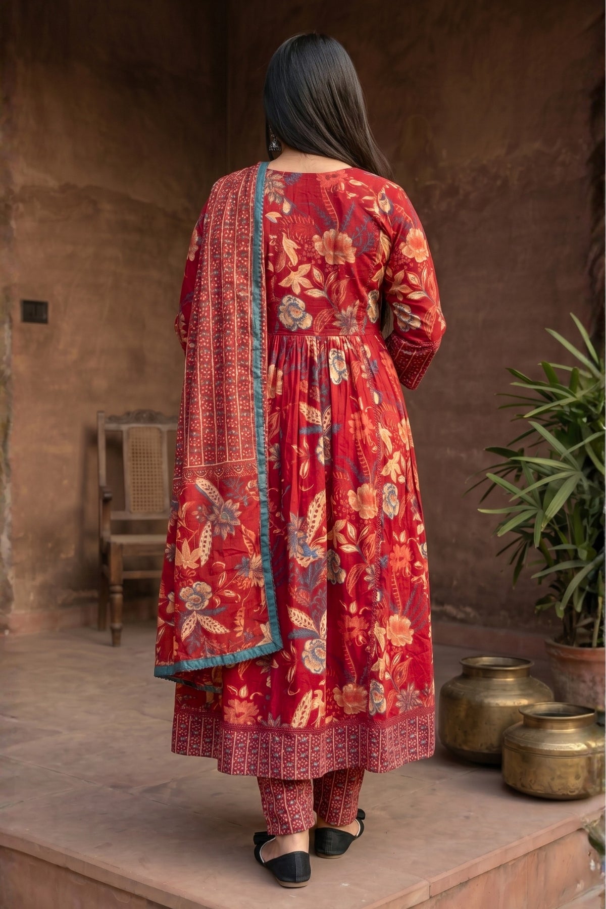 Gulnaar Rust Red Floral Printed Embroidered Suit Set