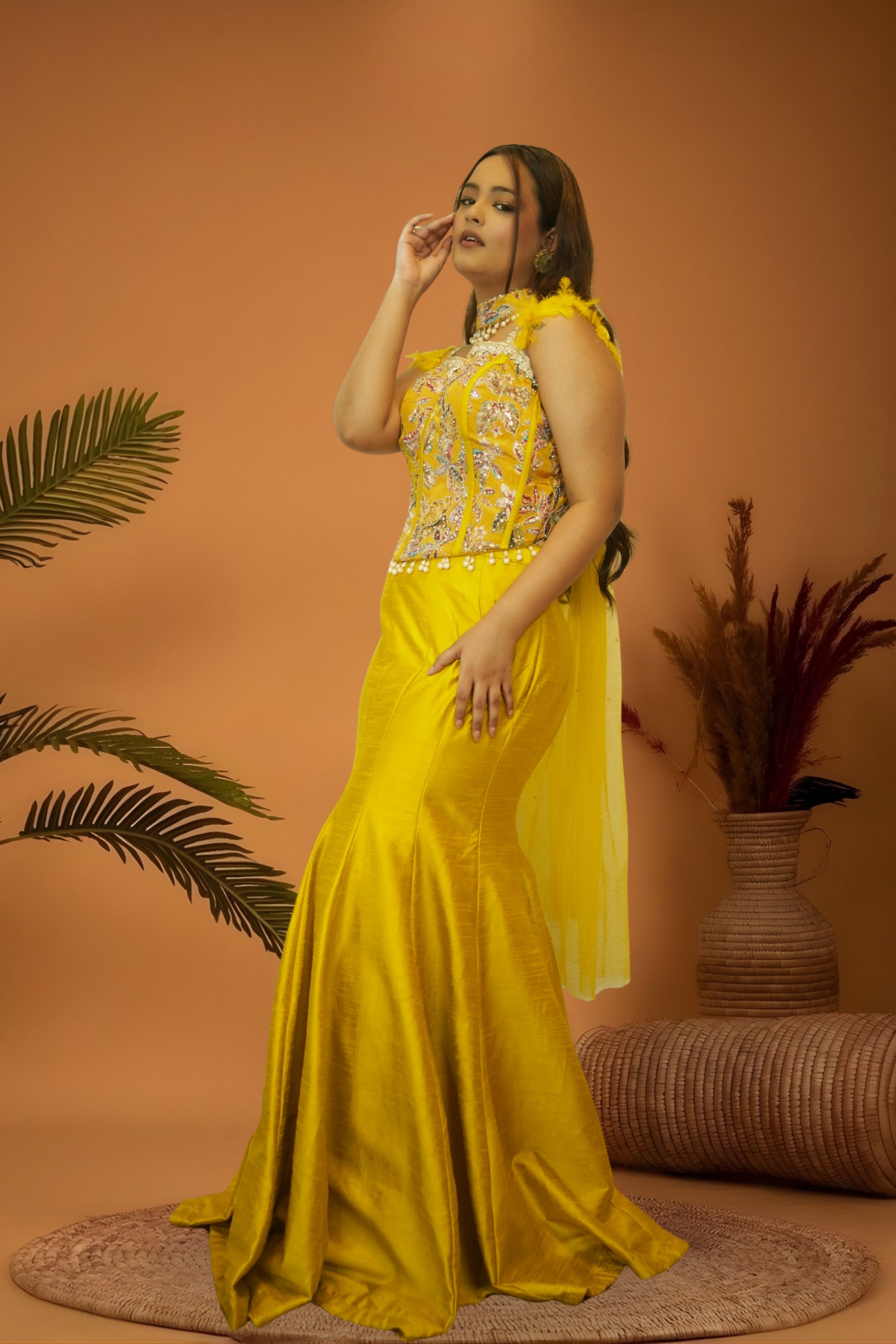 Regal Yellow mermaid skirt crop top set