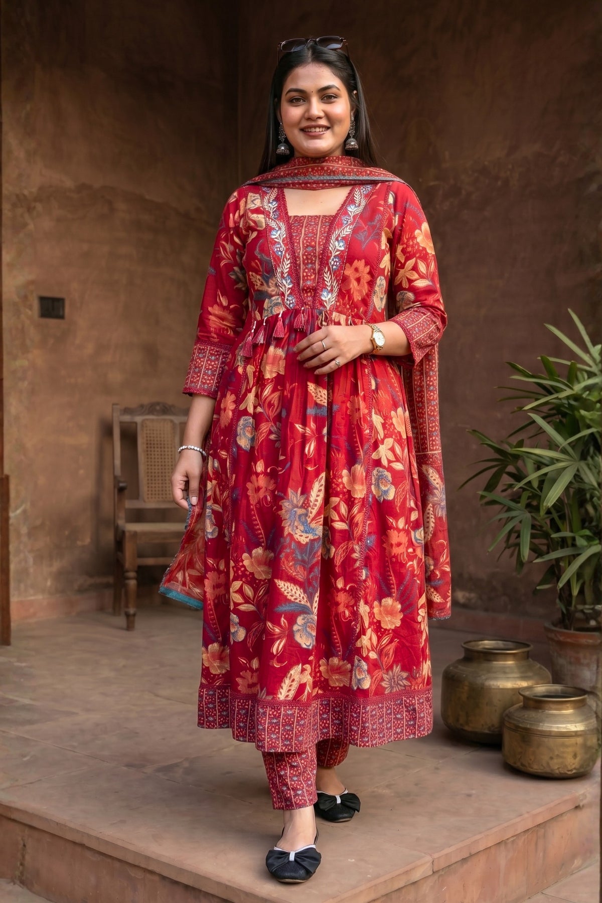 Gulnaar Rust Red Floral Printed Embroidered Suit Set