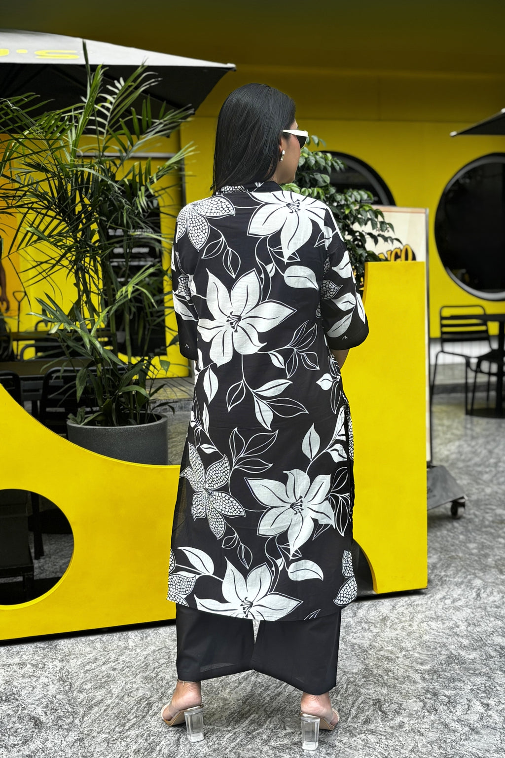 Black Flora Printed Cotton Kurta with Pants