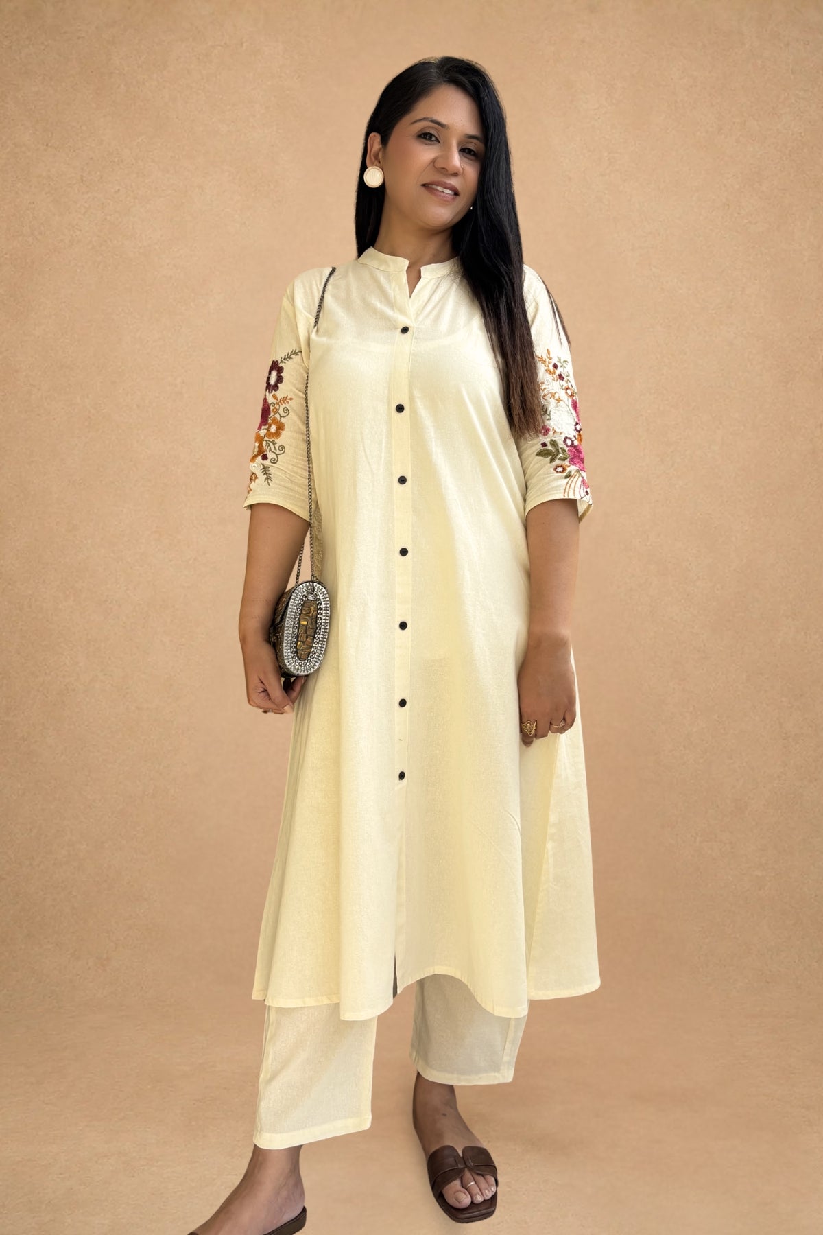 Off White Bloom Embroidered Cotton Kurta with Pants