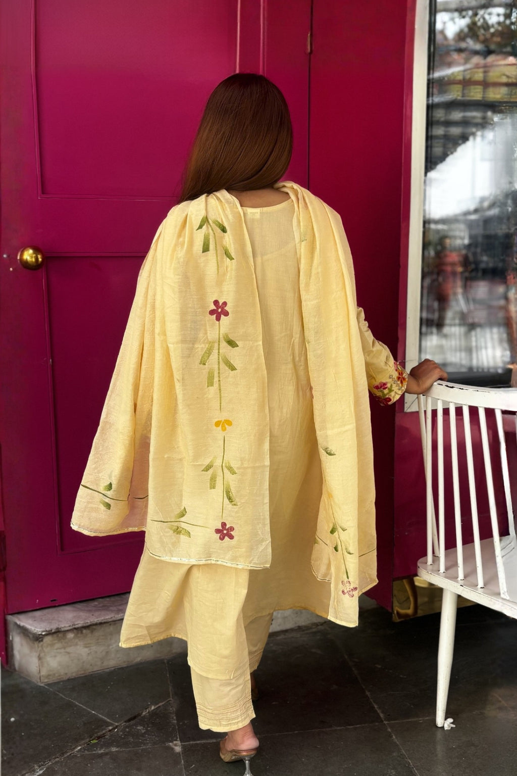 Cream Floral Embroidered Cotton Anarkali Suit Set