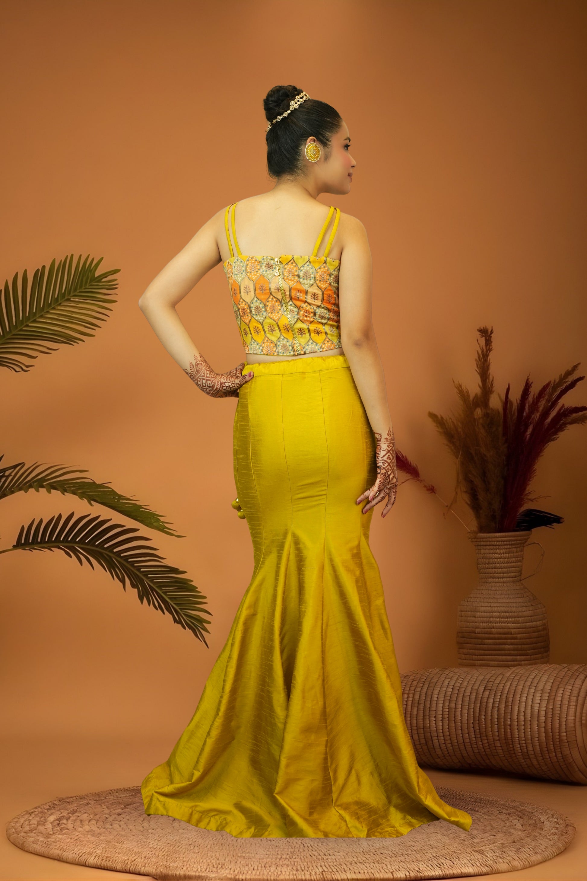 Yellow Glam Brocade Corset Blouse Mermaid Skirt Set