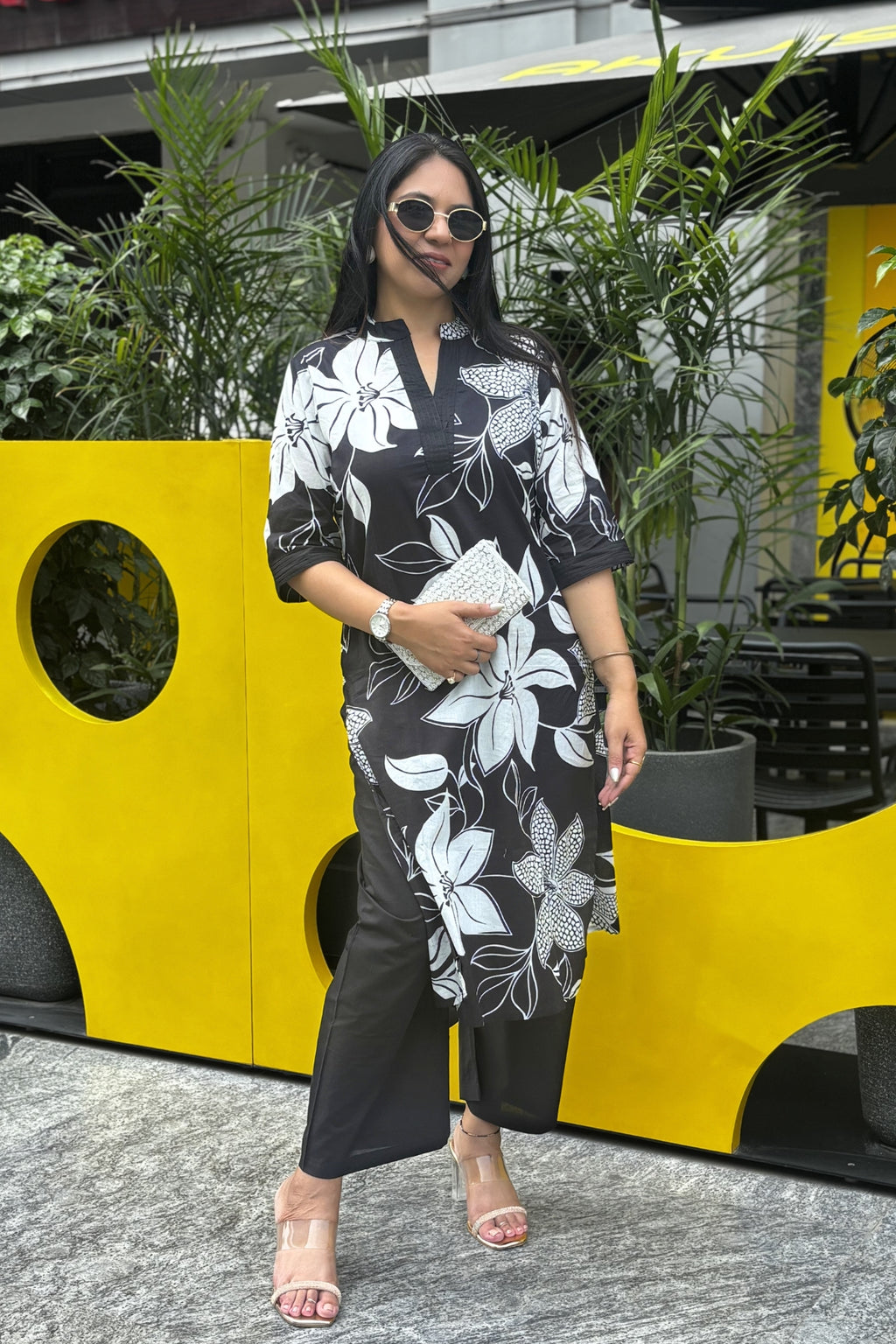 Black Flora Printed Cotton Kurta with Pants