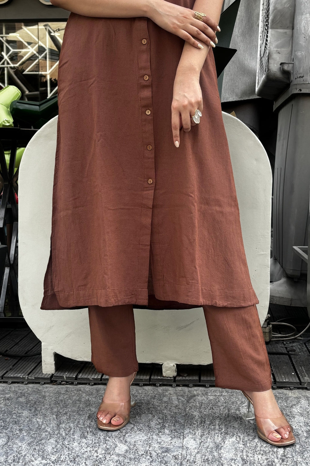 Mocha Brown Embroidered Cotton Kurta with Pants