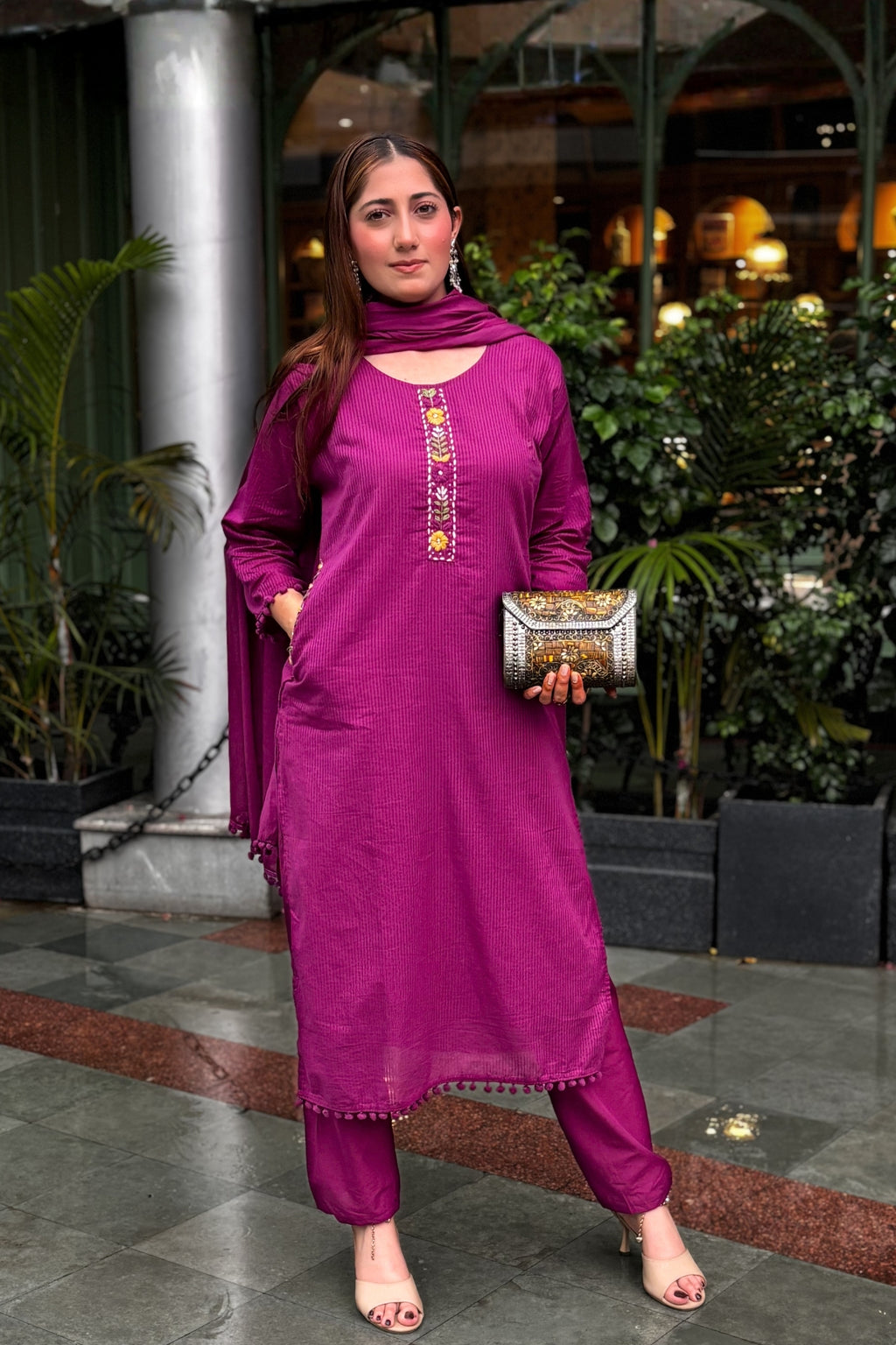 Royal Plum Embroidered Cotton Suit Set