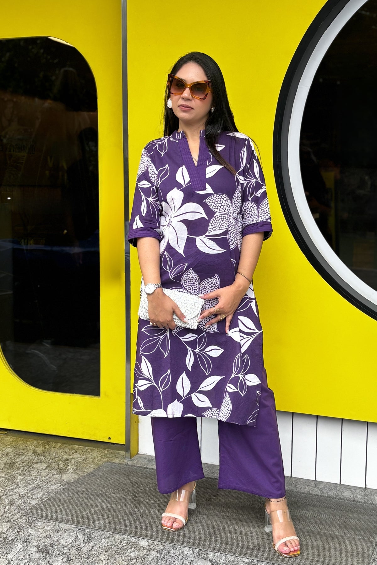 Purple Flora Printed Cotton Kurta with Pants