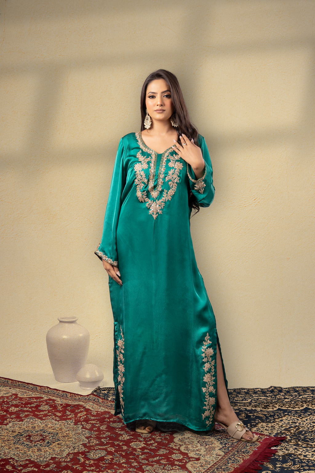 Emerald Green Embroidered Mughal Kaftan