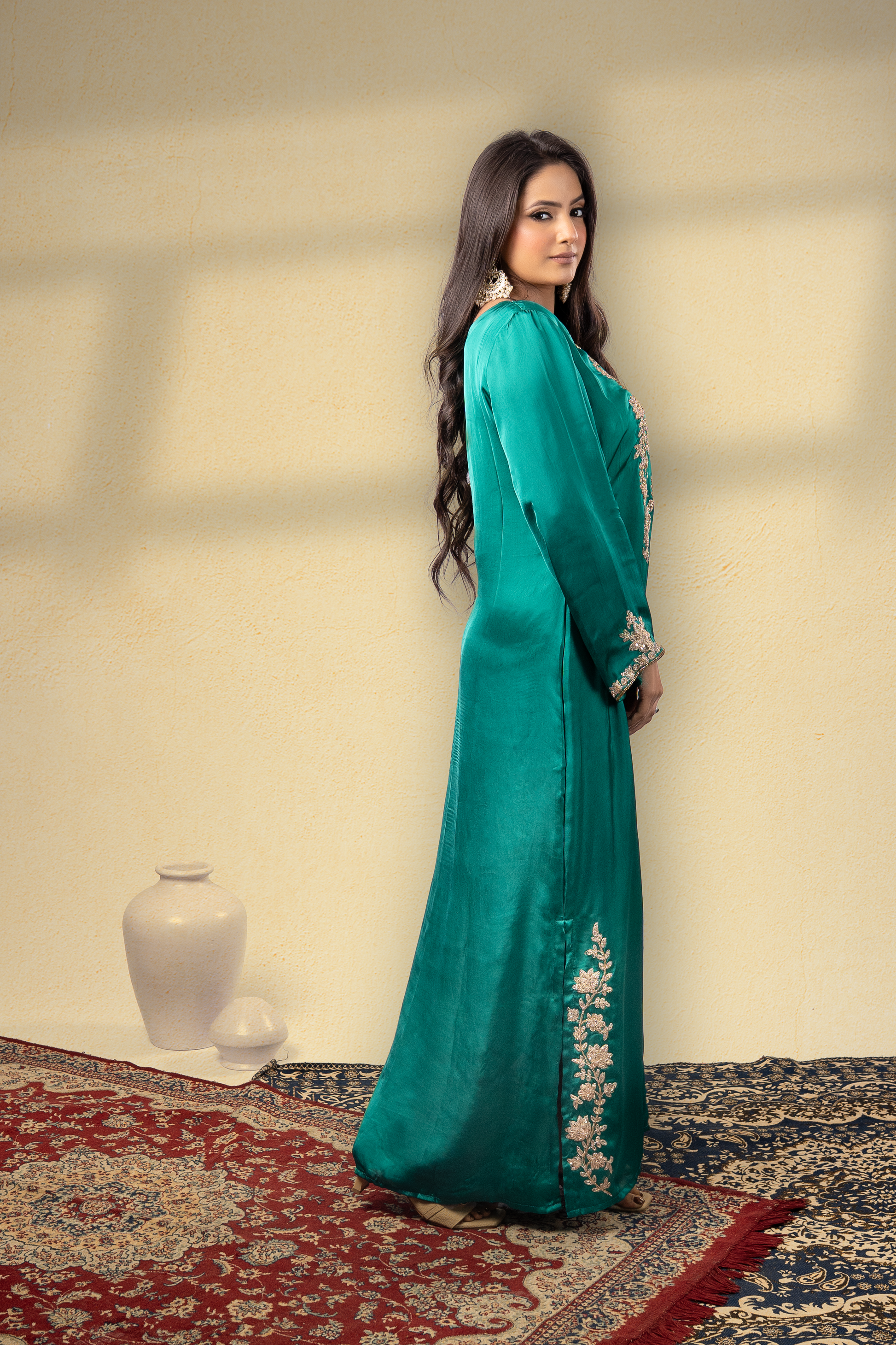 Emerald Green Embroidered Mughal Kaftan