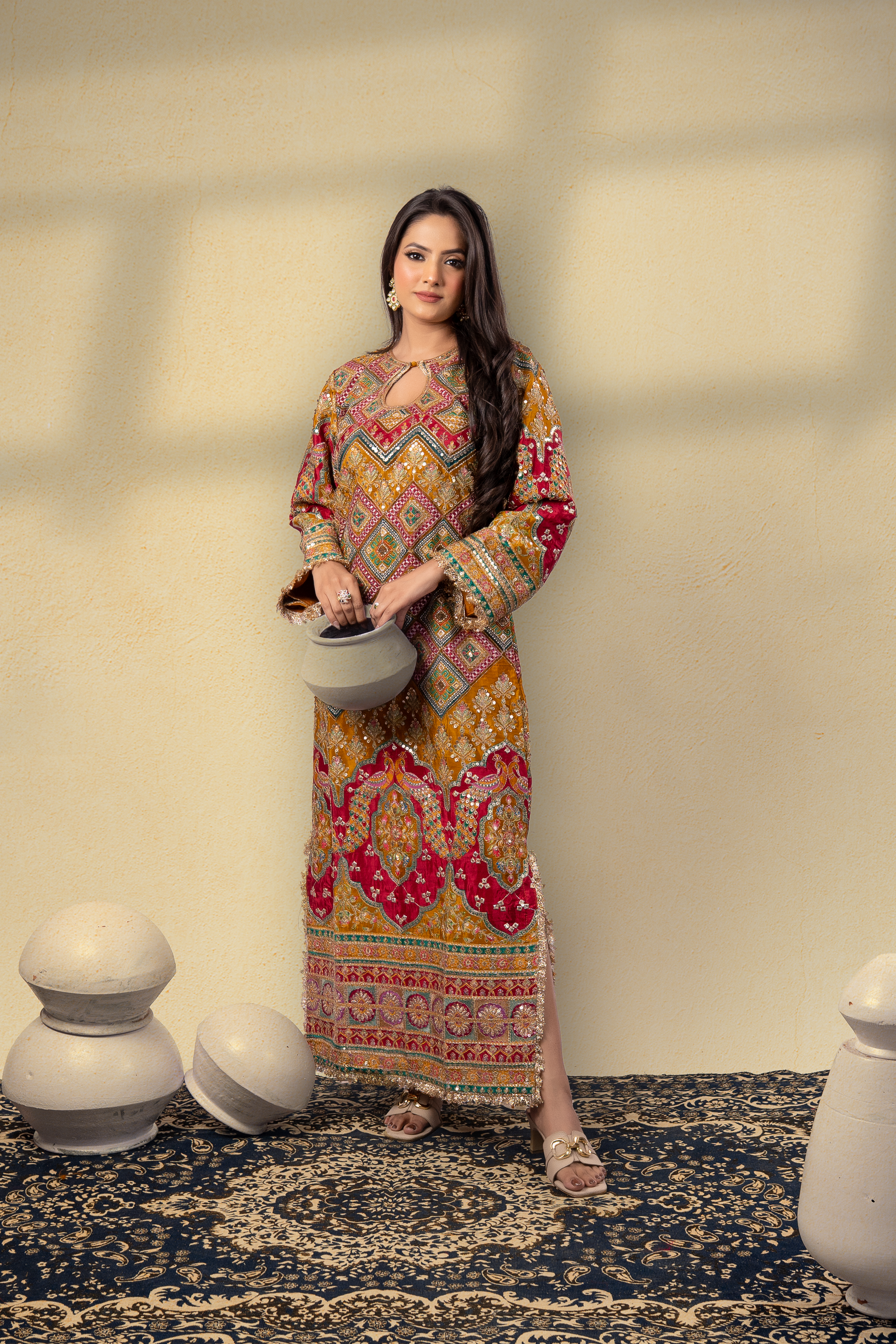 Zard Noor Position Printed Embroidered Kaftan
